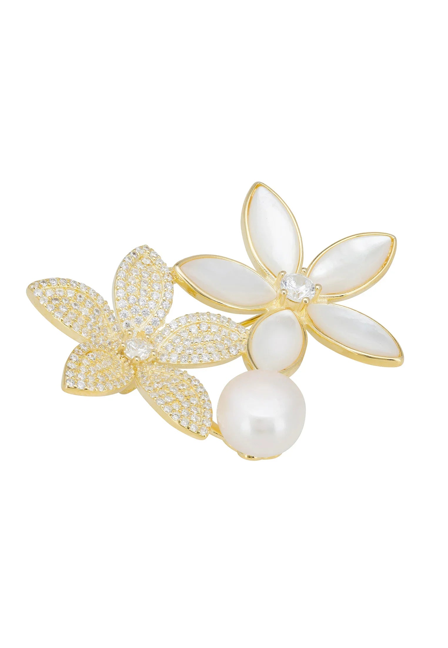 Gold floral brooch with a pearl.