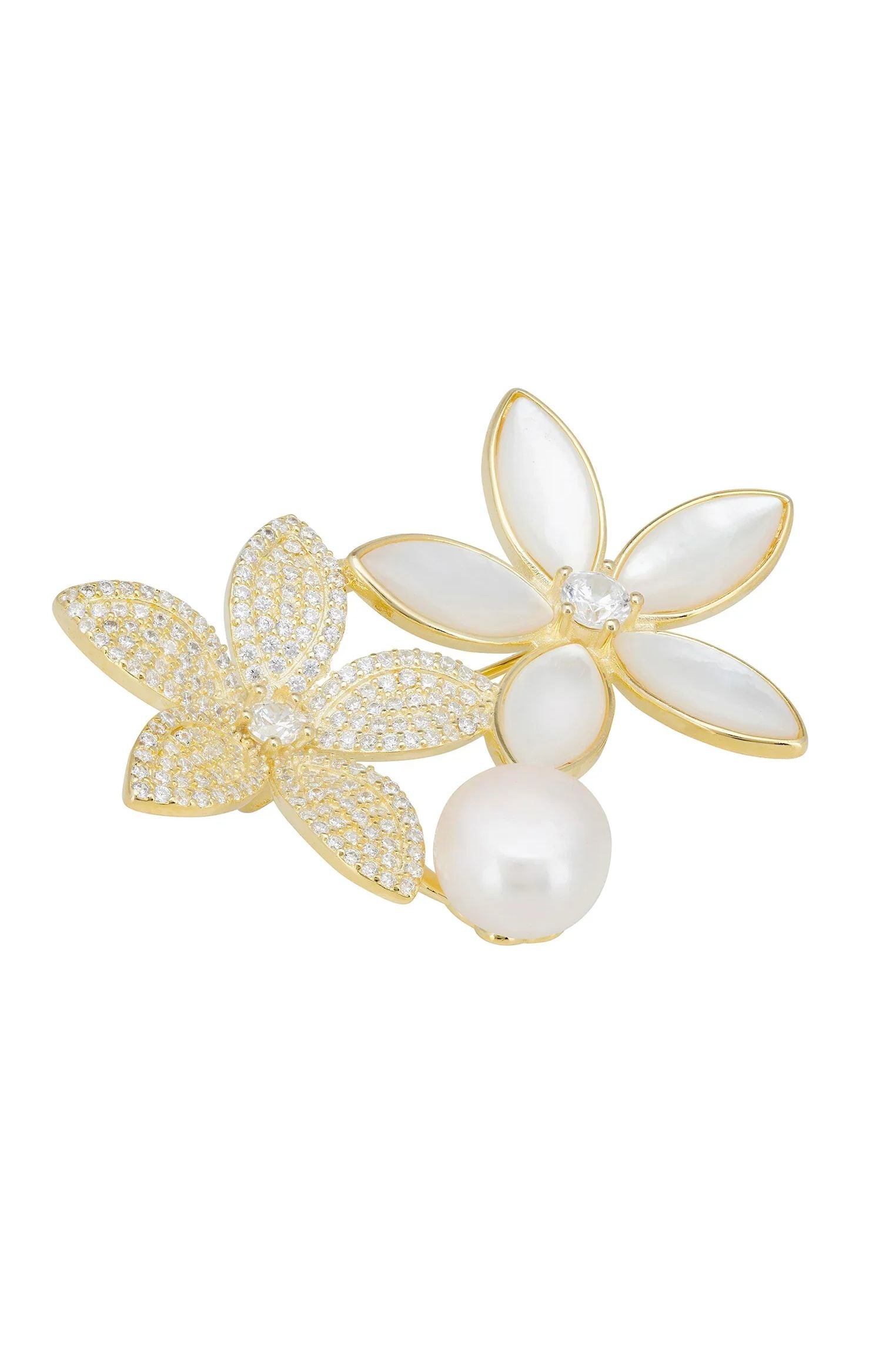 Gold floral brooch with a pearl.