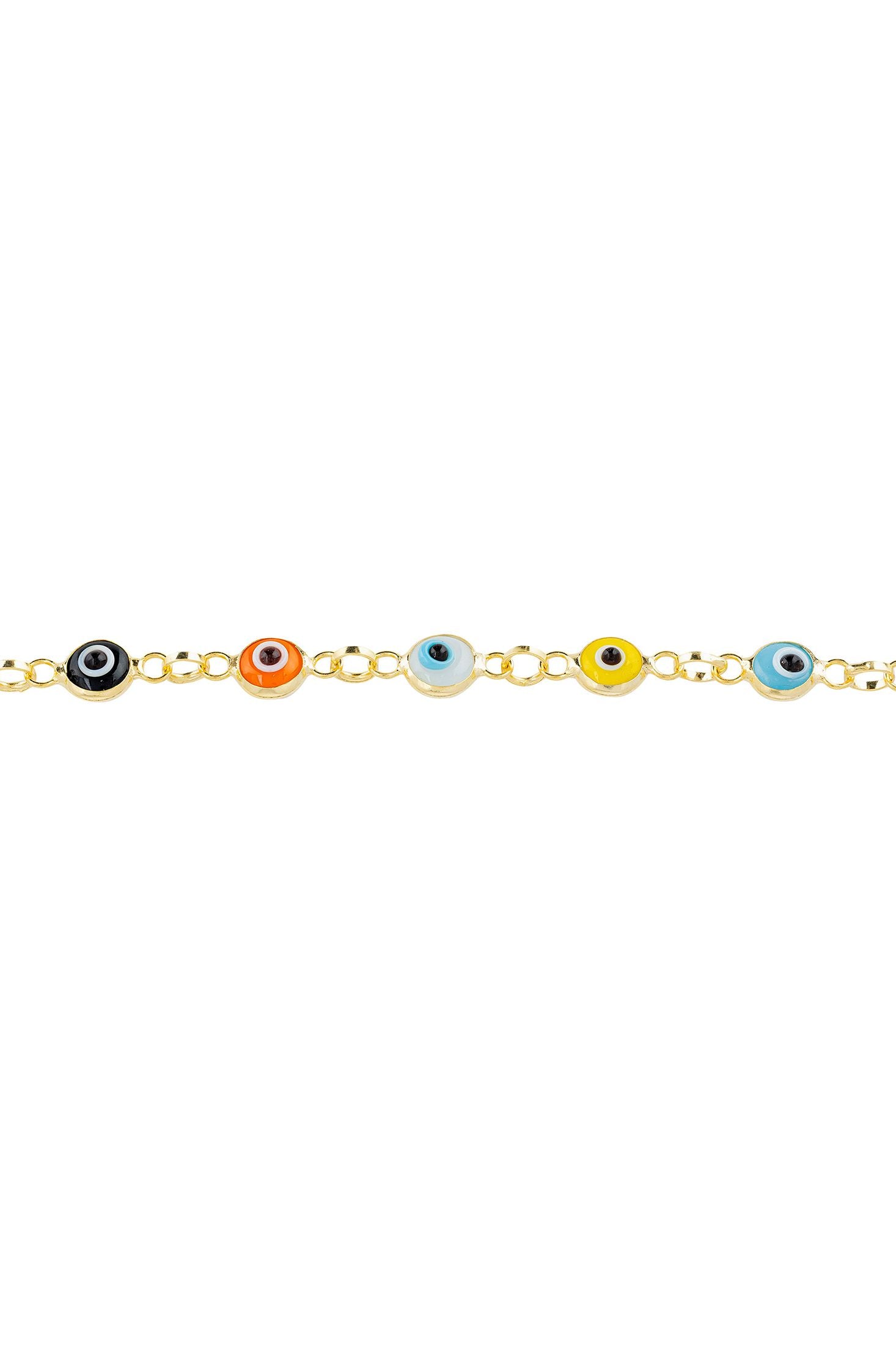 Angled view of Evil Eye Multicoloured Enamel Bracelet Gold, showing evil eye design, gold finish and the jewellery profile.