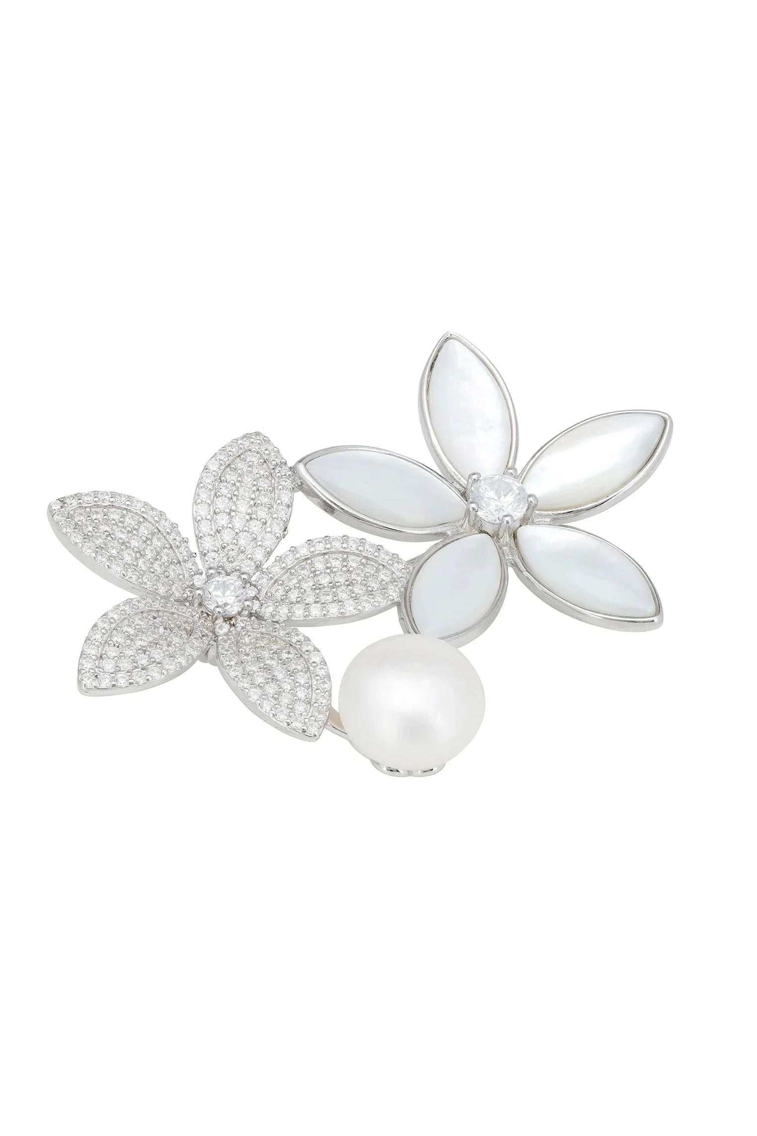 Silver floral brooch with a pearl.