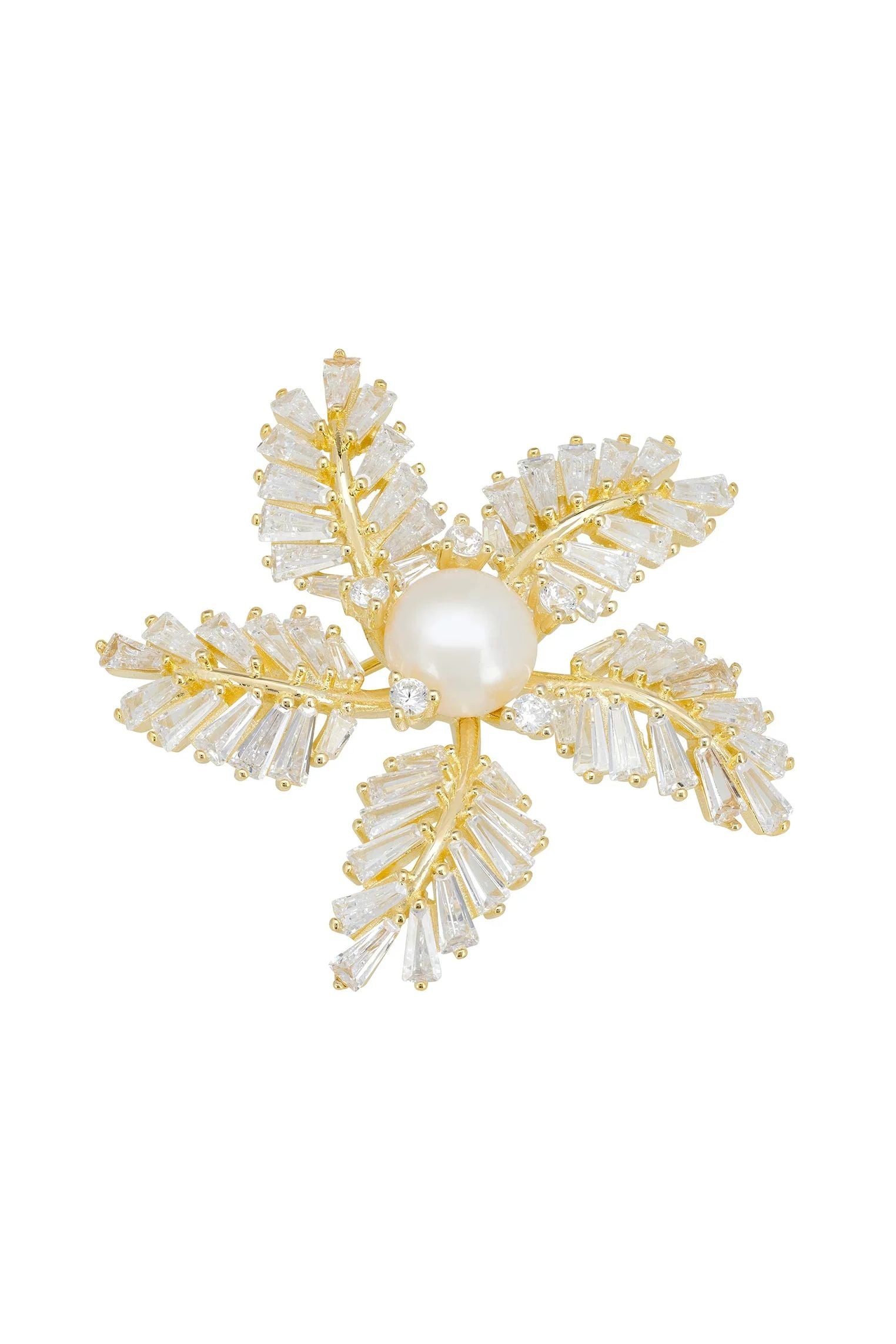 Pearl centered gold flower brooch.