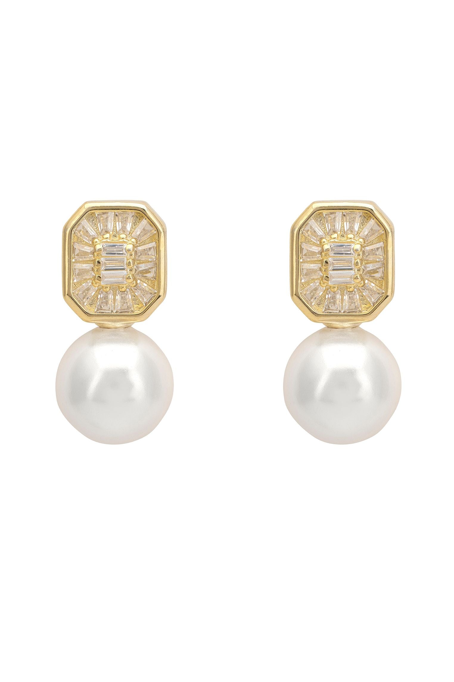 Pearl Rectangular Cz Drop Earrings Gold