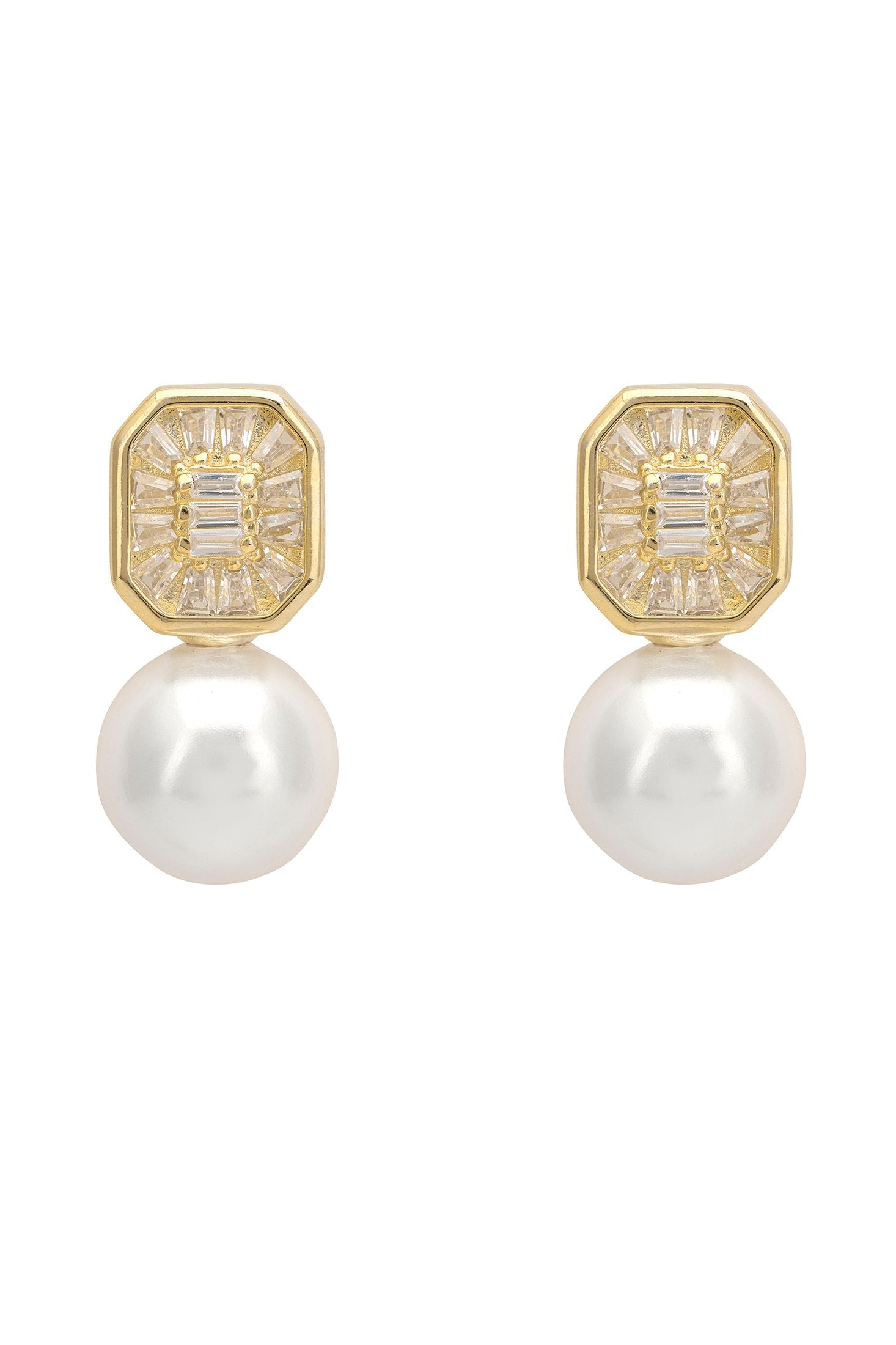 Pair of earrings with gold hexagonal top and white pearl bottom on a white background