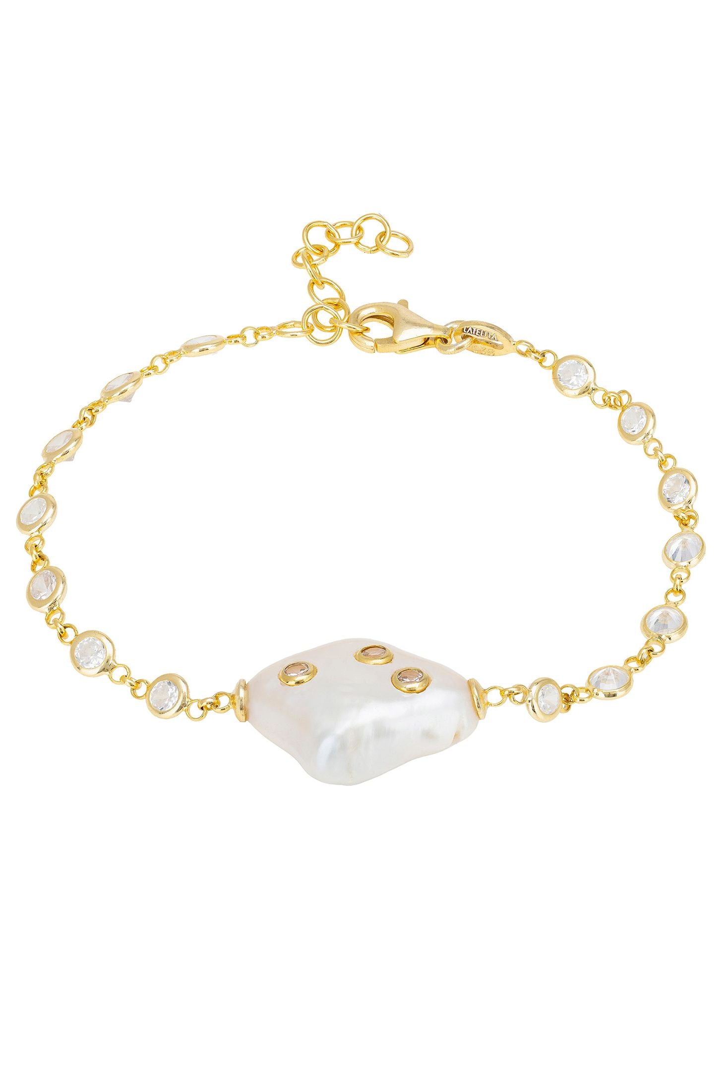 Front view of Polka Dot Baroque Pearl Bracelet Gold, showing bee design, cubic zirconia and zirconia detailing, gold finish.