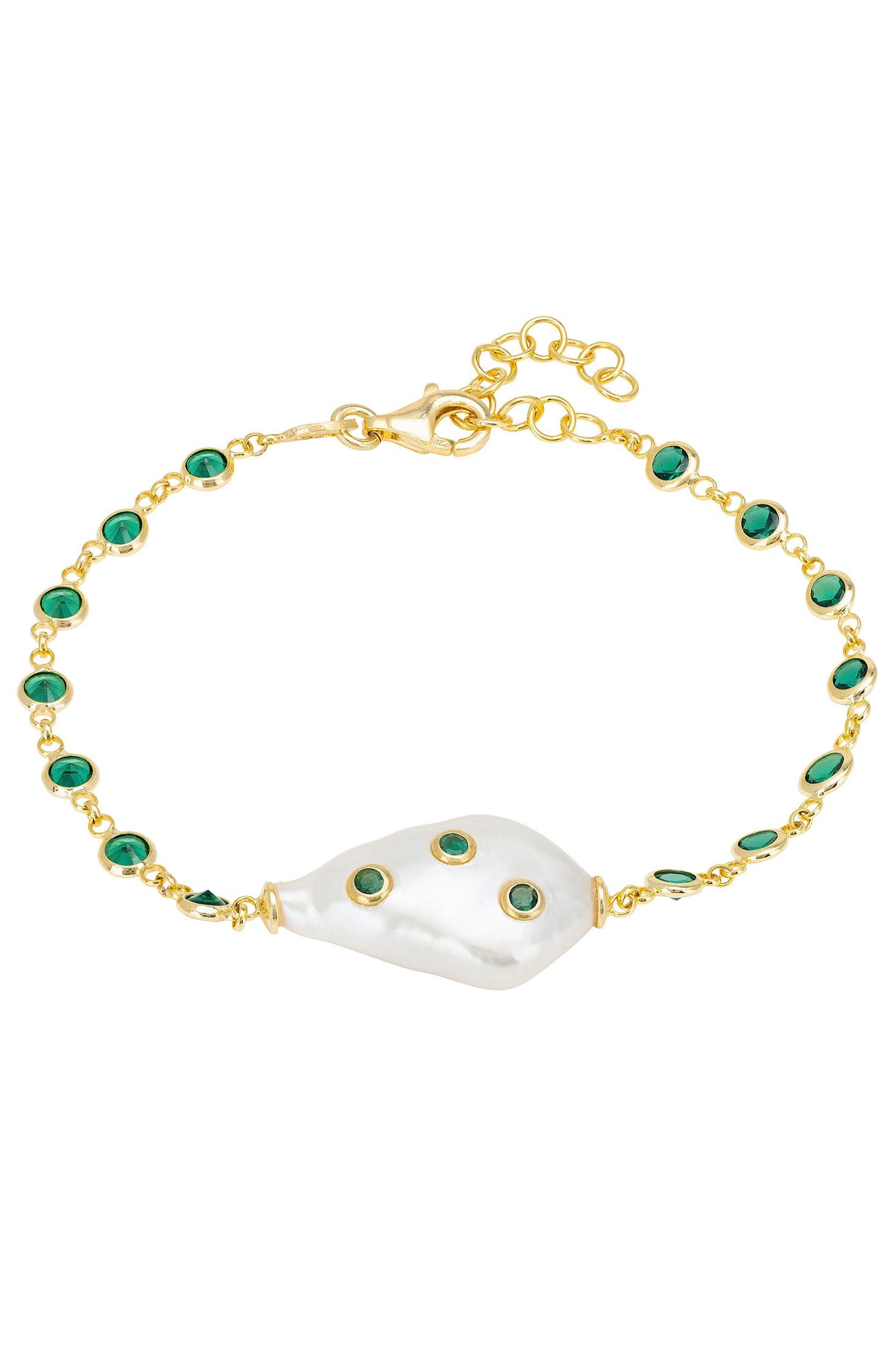 Front view of Polka Dot Baroque Pearl Bracelet Gold Emerald, showing cat design, baroque pearl and pearl detailing, gold finish.