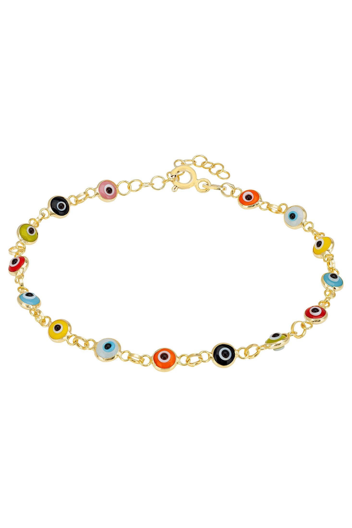 Front view of Evil Eye Multicoloured Enamel Bracelet Gold, showing evil eye design, gold finish.