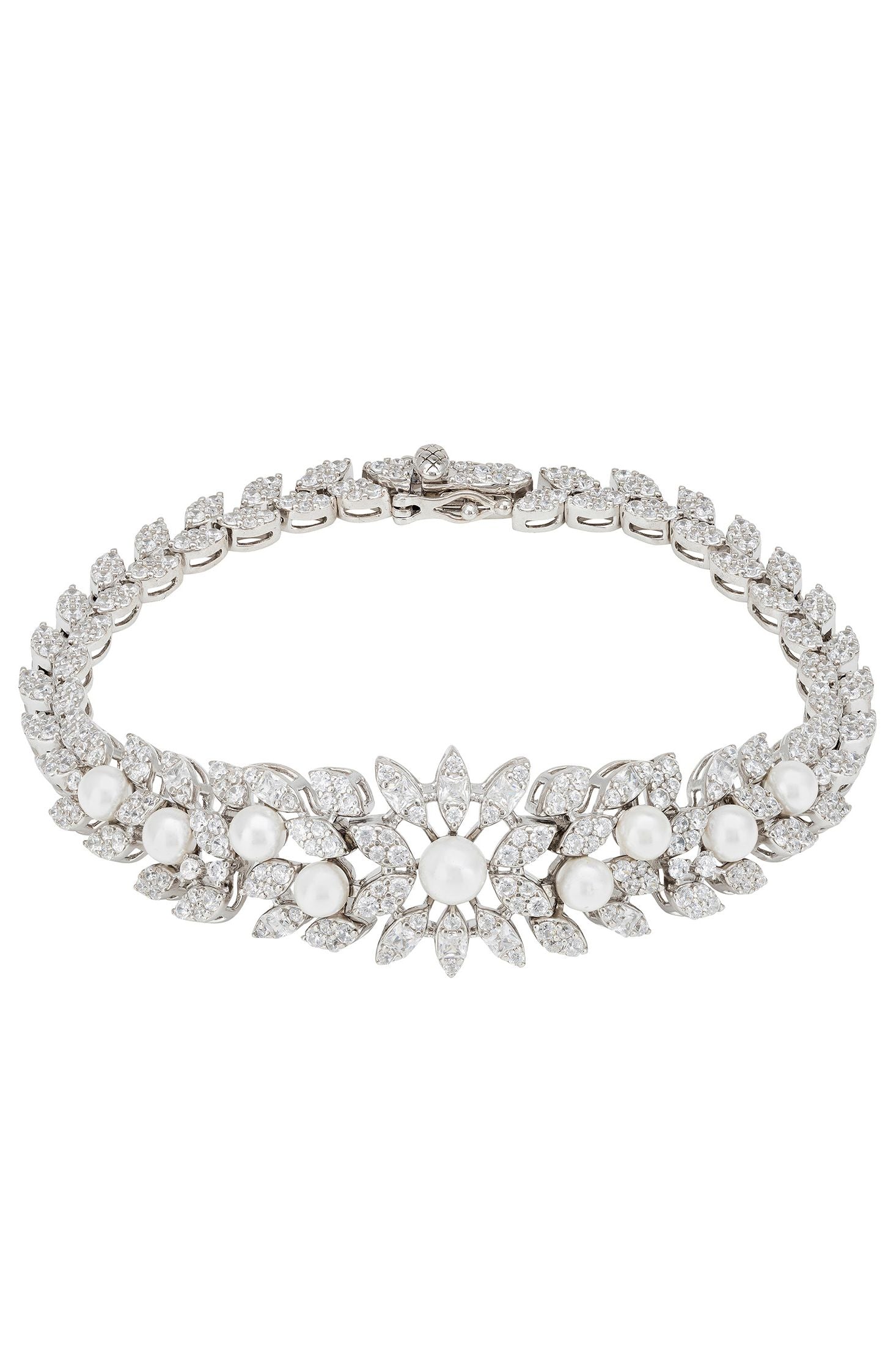 Front view of Marquise Tennis Bracelet Pearl Silver, showing floral design, majorica pearl and pearl detailing, silver finish.
