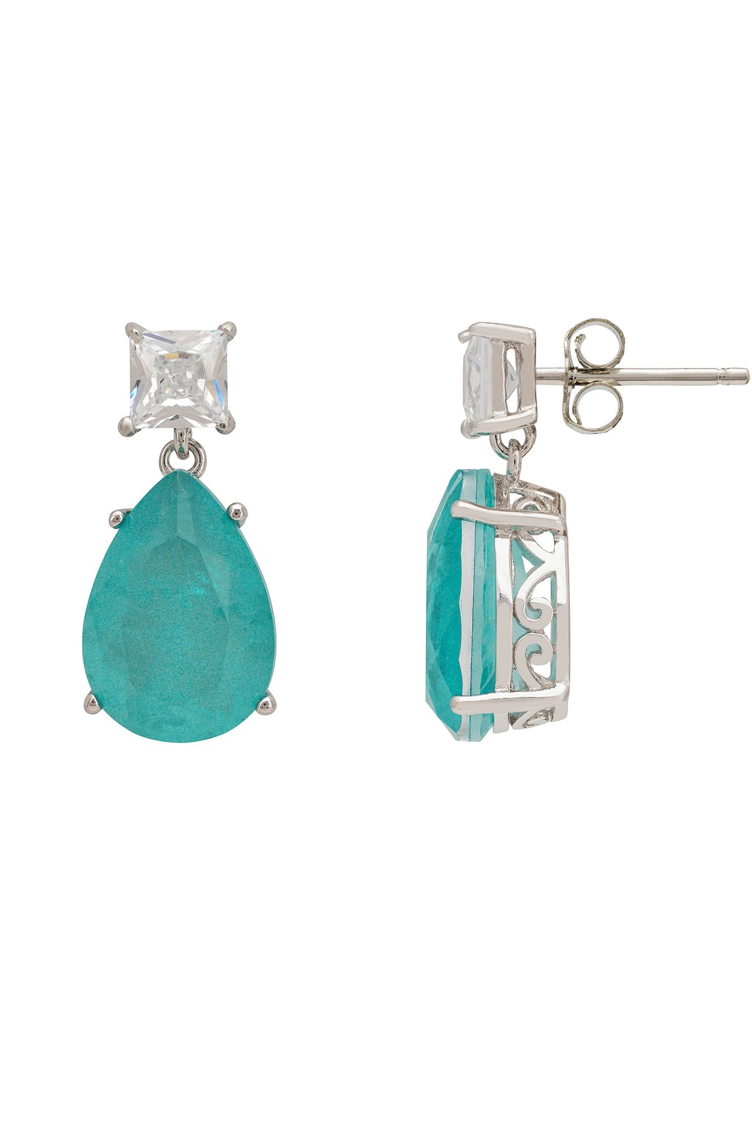 Pair of earrings with blue gemstones and silver accents on a white background