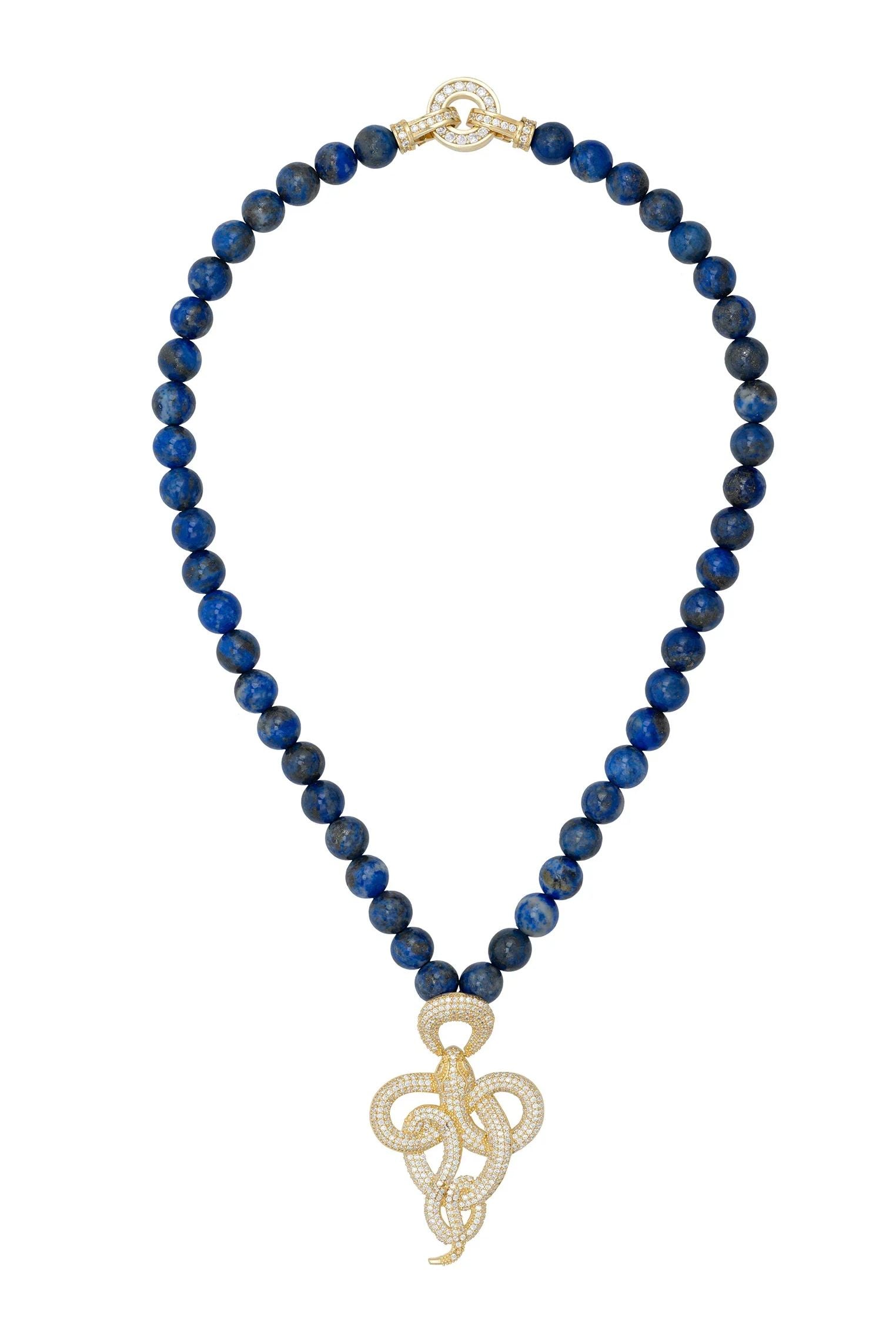 Gold snake blue bead necklace.