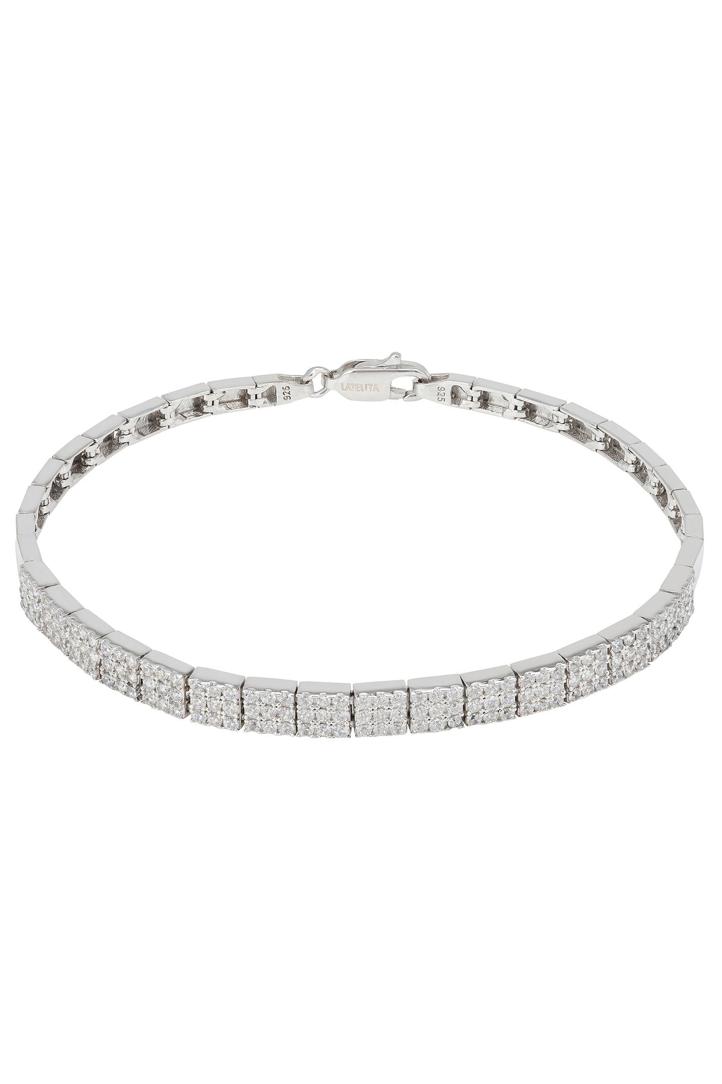 Front view of Charleston Art Deco Silver Tennis Bracelet, showing ribbon design, silver finish.