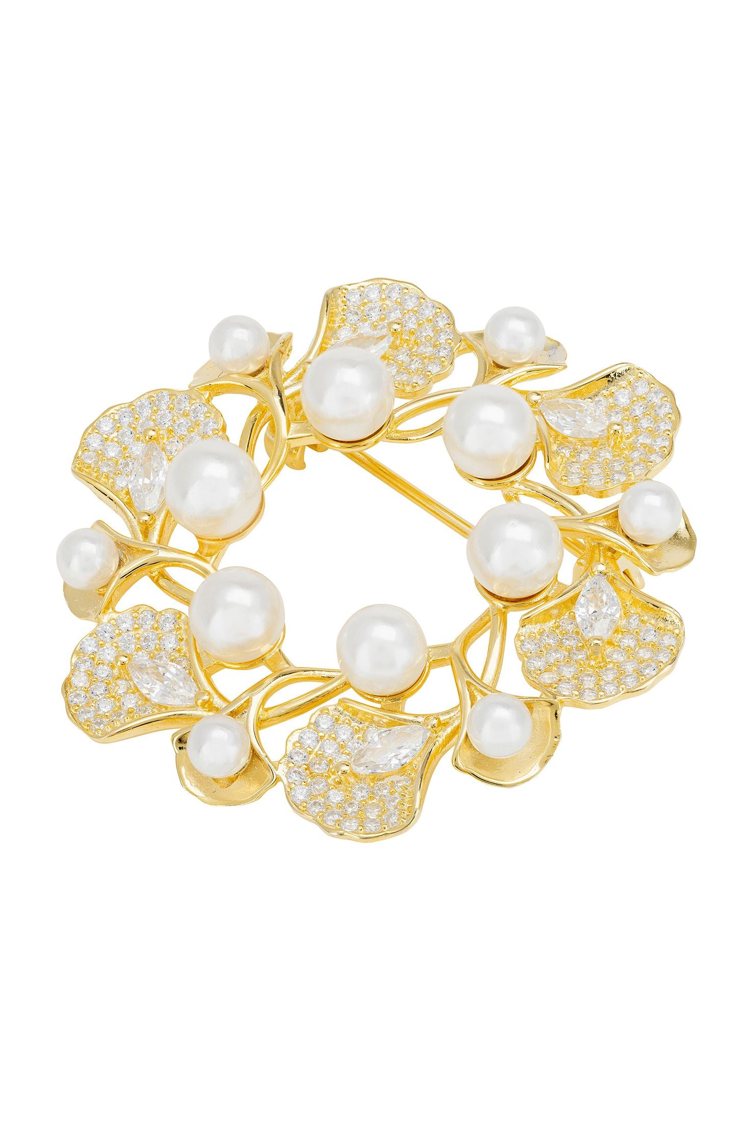 Front view of Ginkgo Leaf And Pearl Wreath Brooch Gold, showing leaf design, pearl detailing, gold finish.