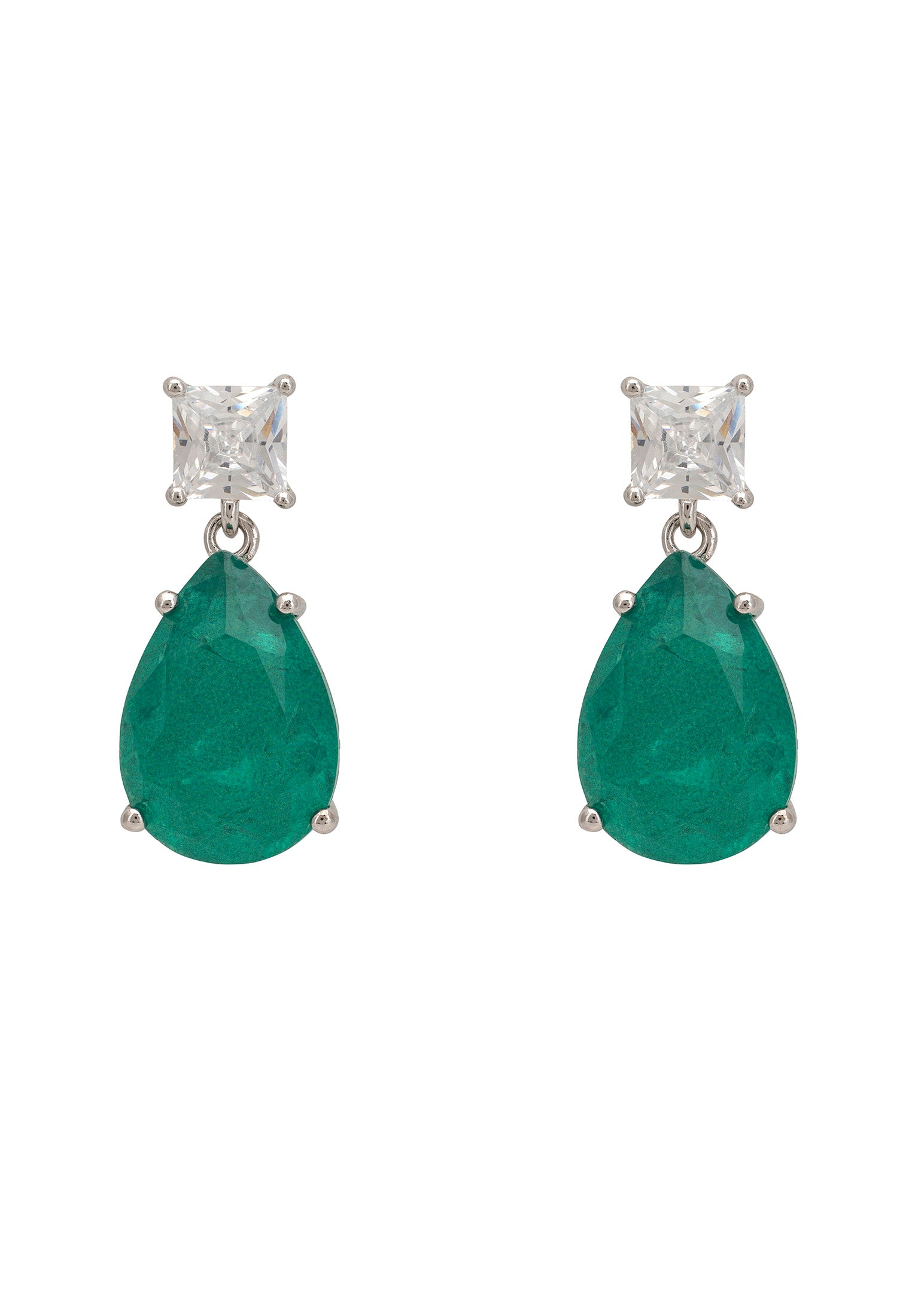 Pair of green and diamond earrings on a white background