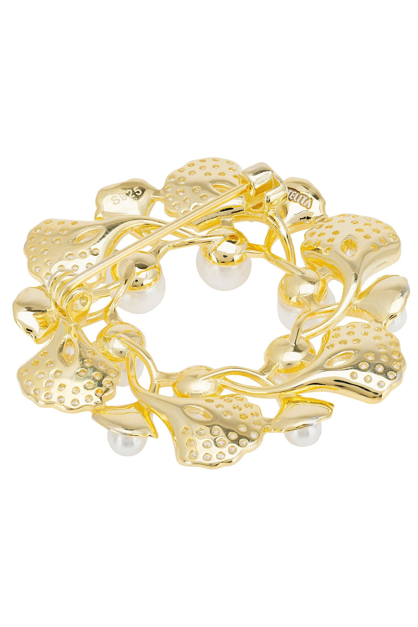 Angled view of Ginkgo Leaf And Pearl Wreath Brooch Gold, showing leaf design, pearl detailing, gold finish and the jewellery profile.