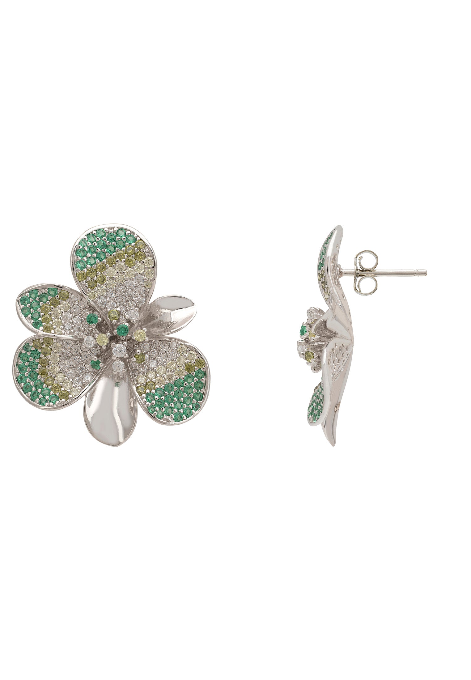 Flower-shaped earrings with green and clear gemstones on a white background