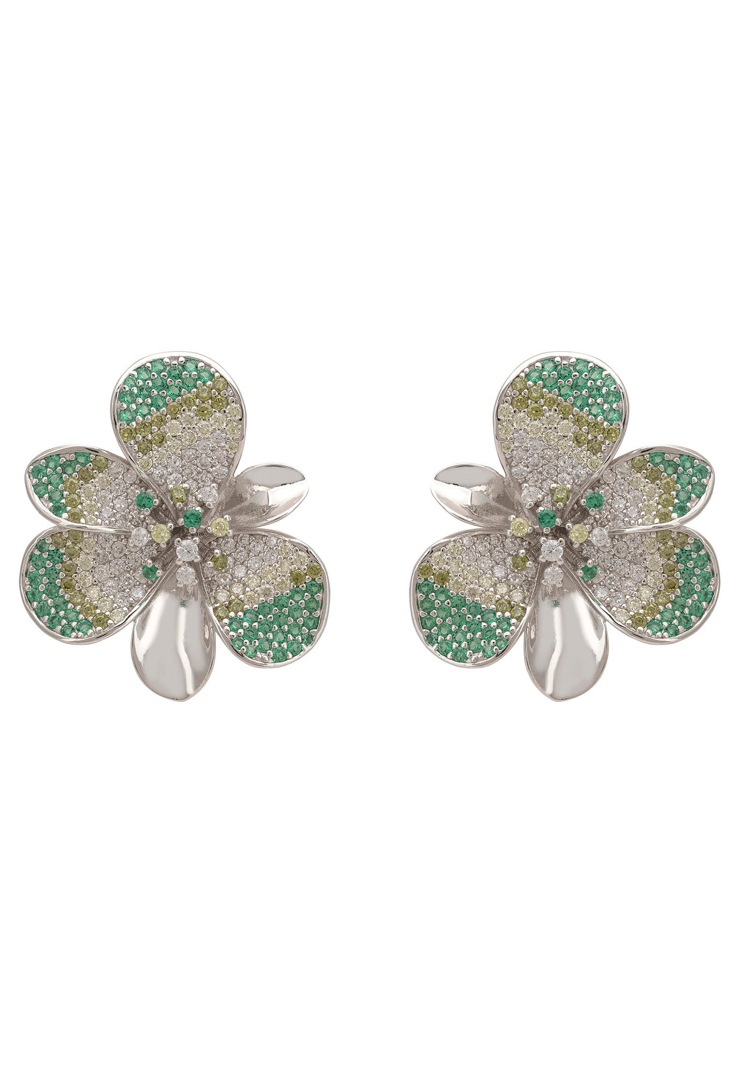 Flower-shaped earrings with green and silver details on a white background