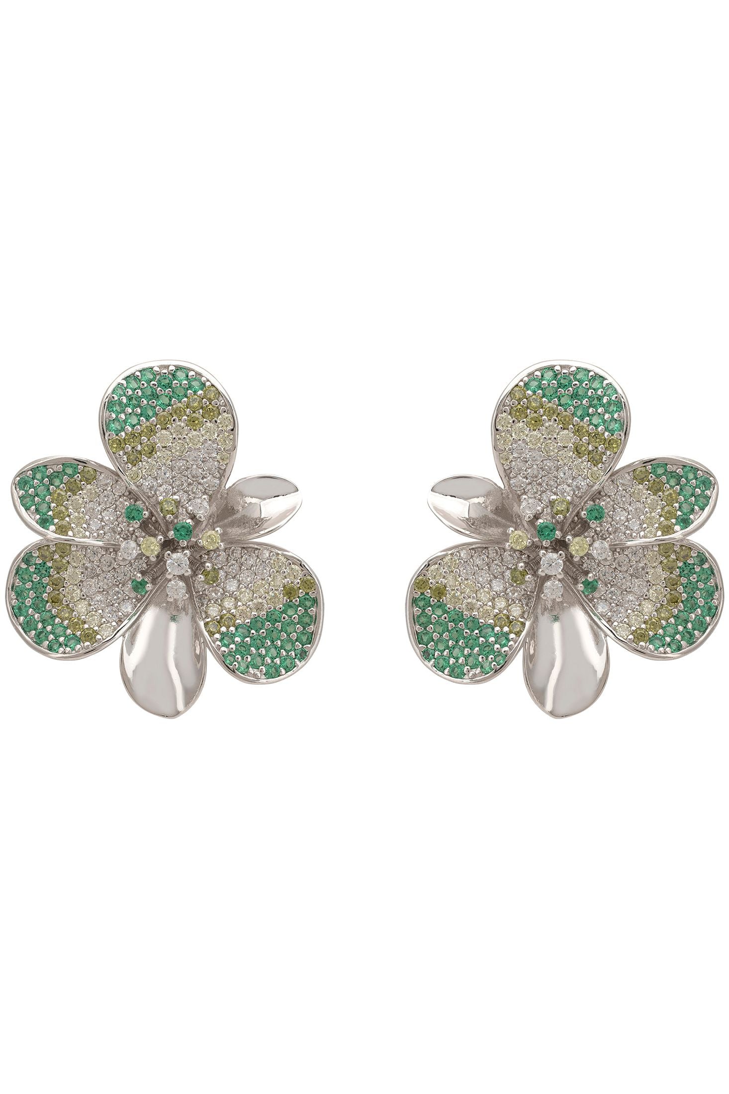 Flower-shaped earrings with green and silver details on a white background