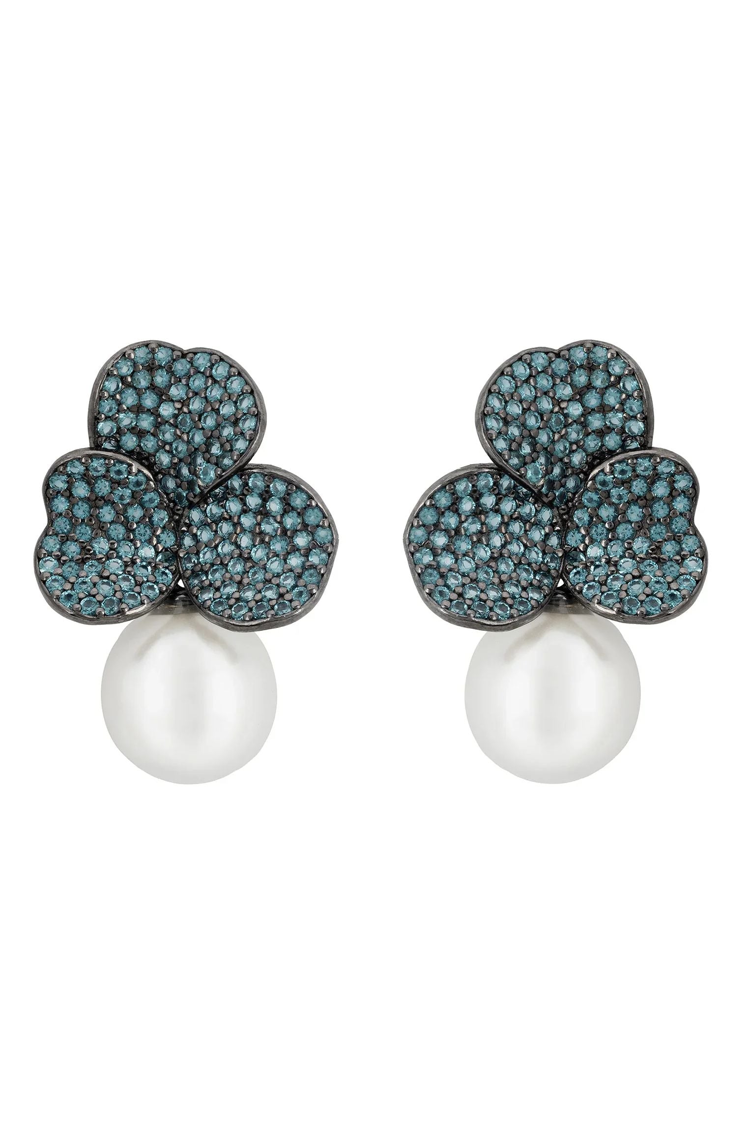 Pearl and muted blue petal earrings.