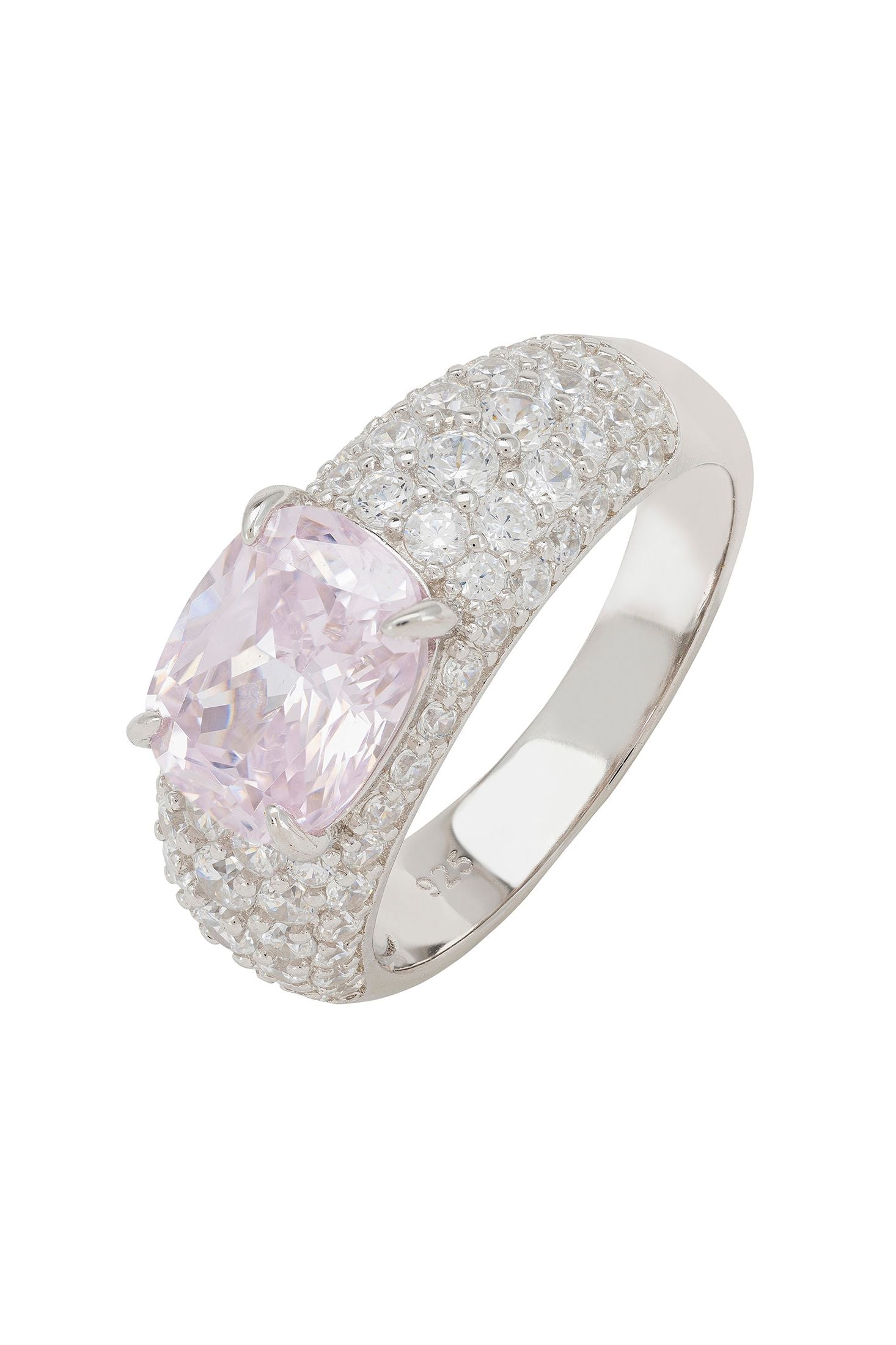 Front view of Rosalie Cocktail Ring Morganite Silver, showing bee design, zirconia detailing, silver finish.