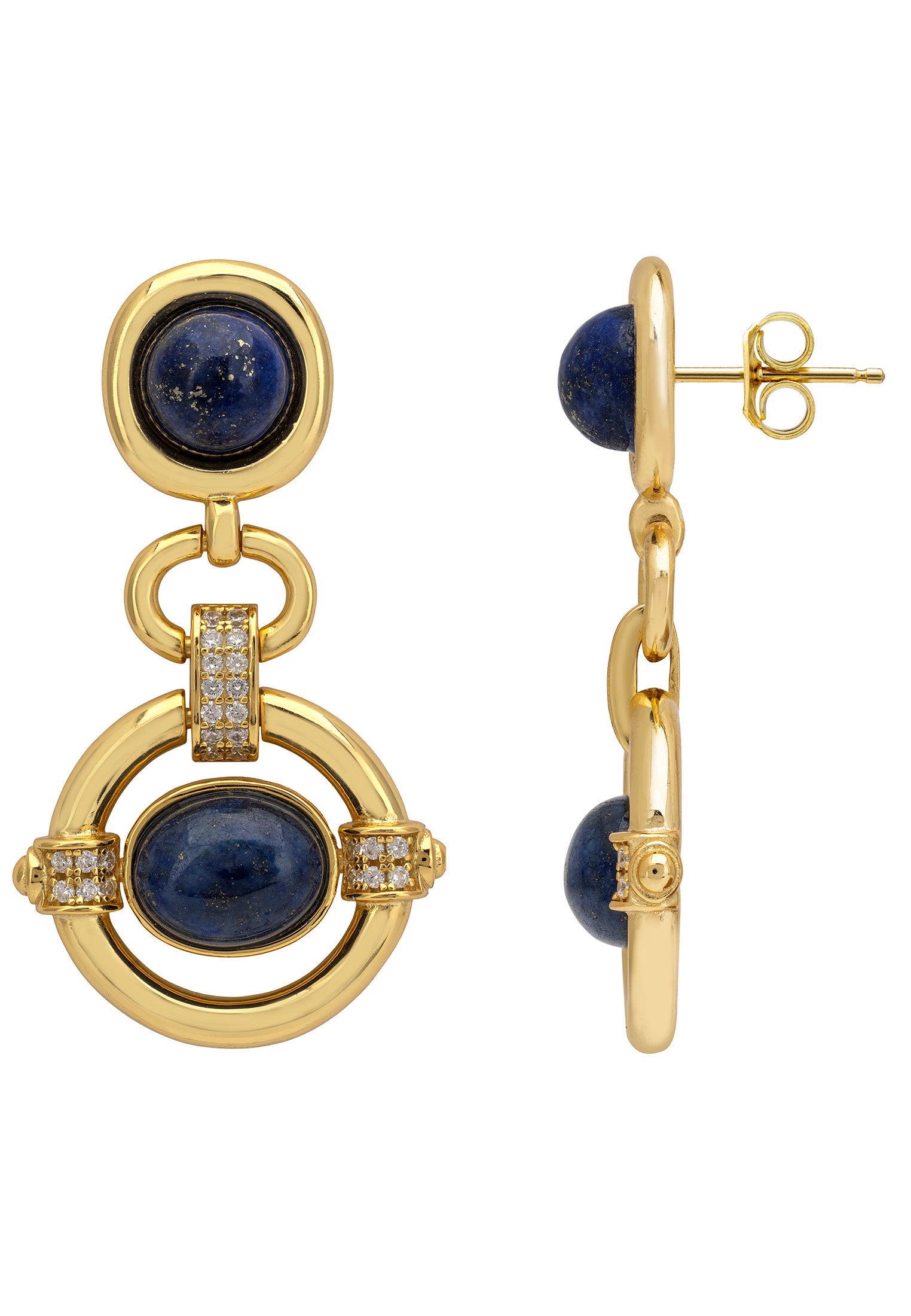Gold earrings with blue stones on a white background