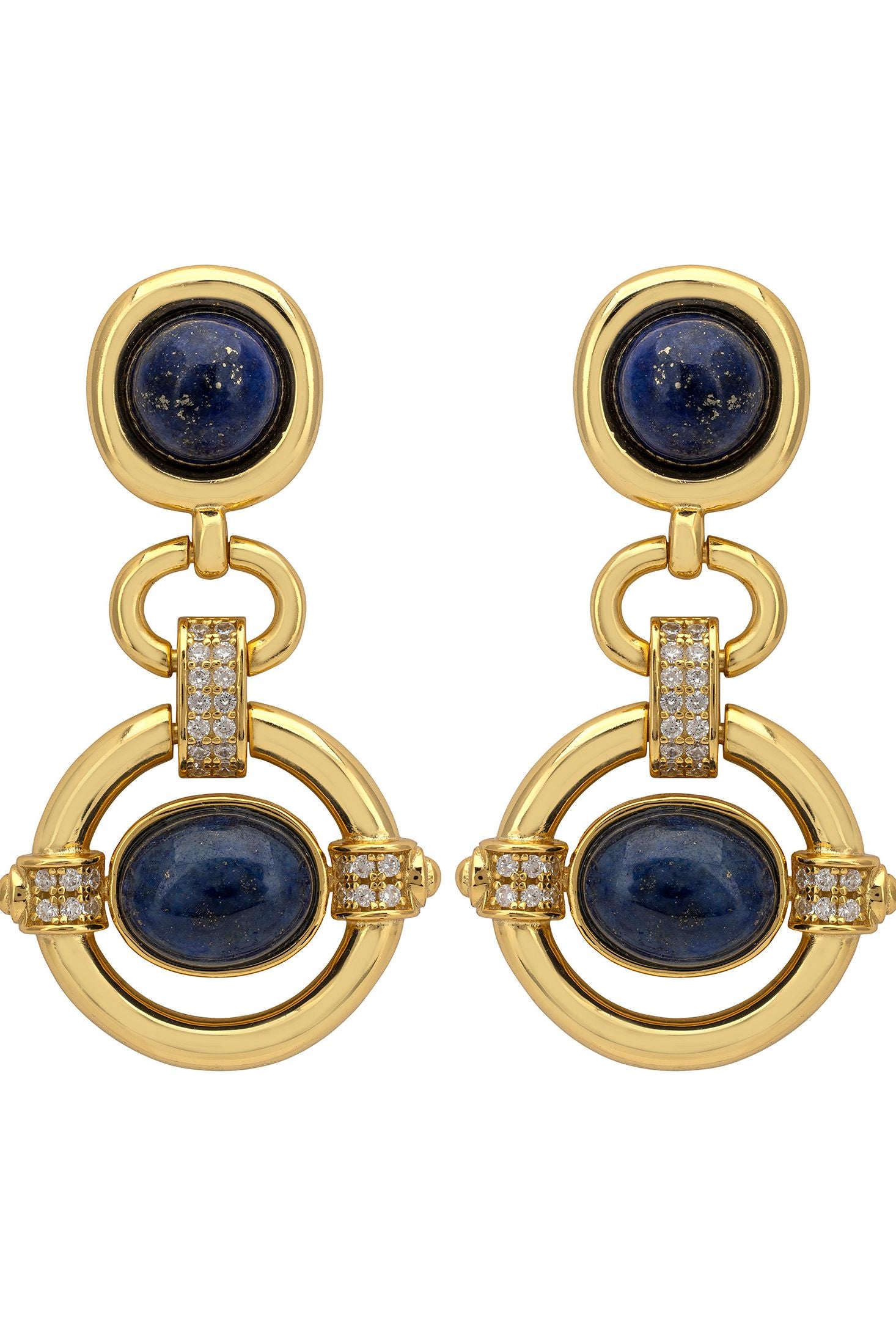 Gold earrings with blue gemstones on a white background