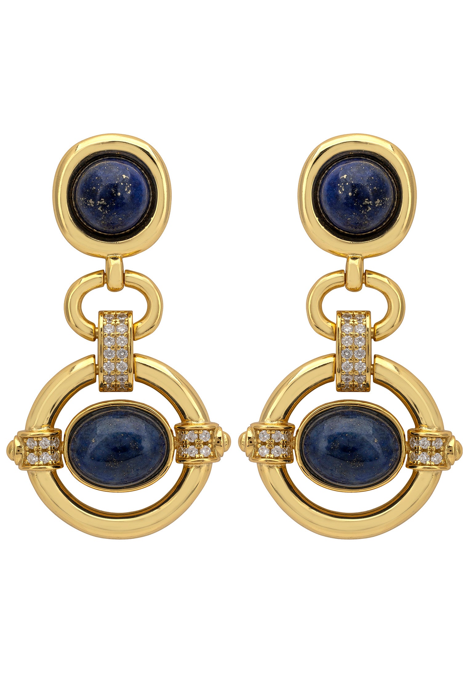 Gold earrings with blue gemstones on a white background