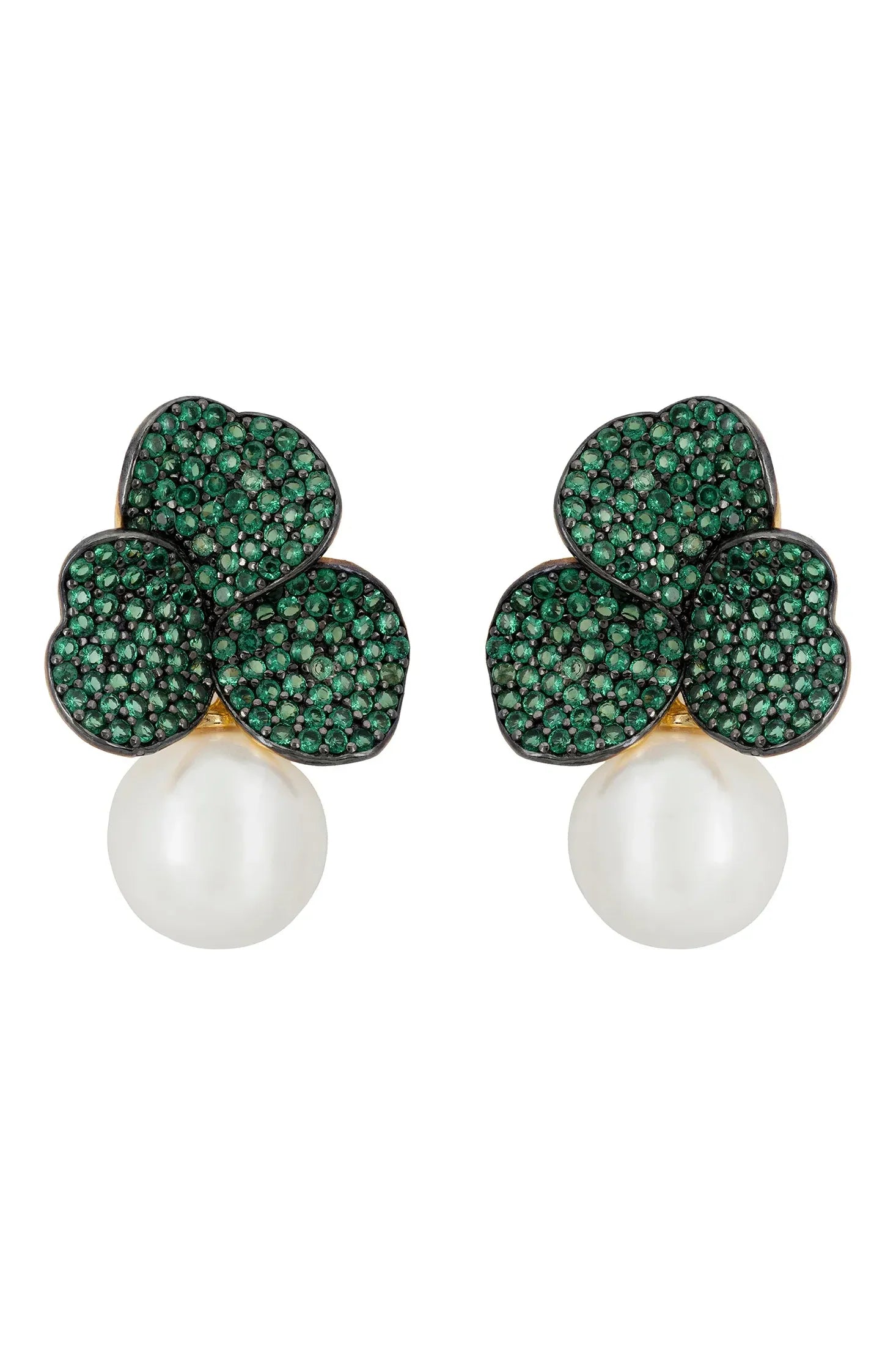 Pearl and emerald petal earrings.