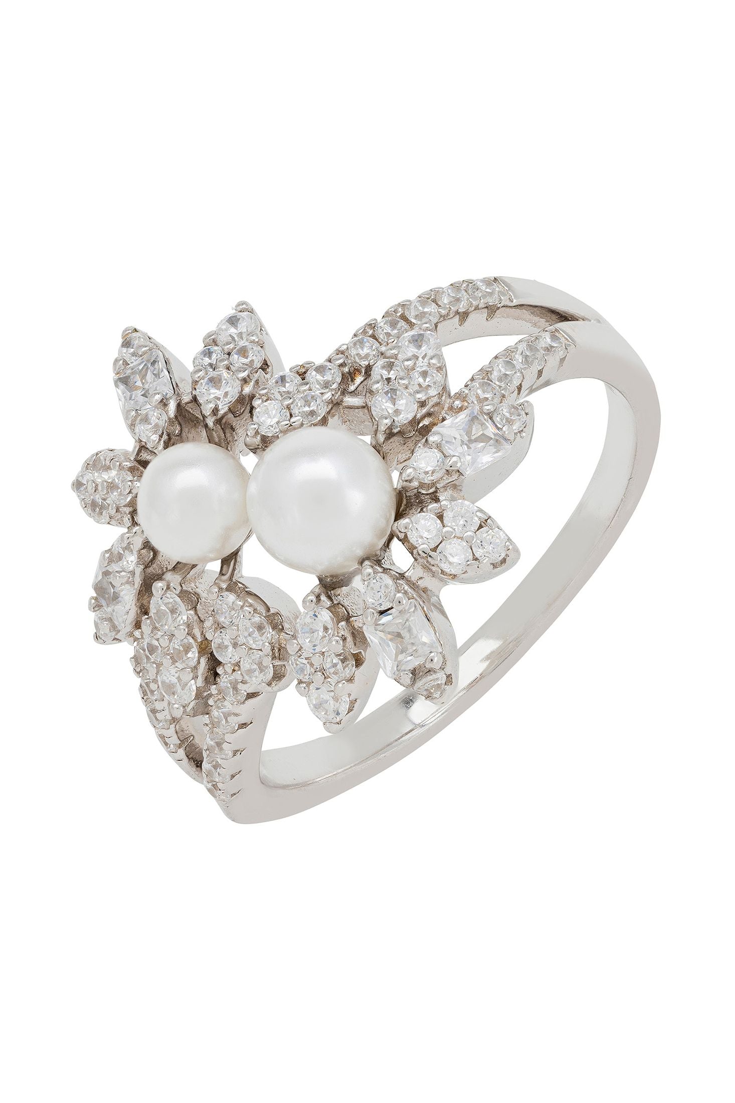 Front view of Marquise Cocktail Ring Pearl Silver, showing floral design, majorica pearl and pearl detailing, silver finish.