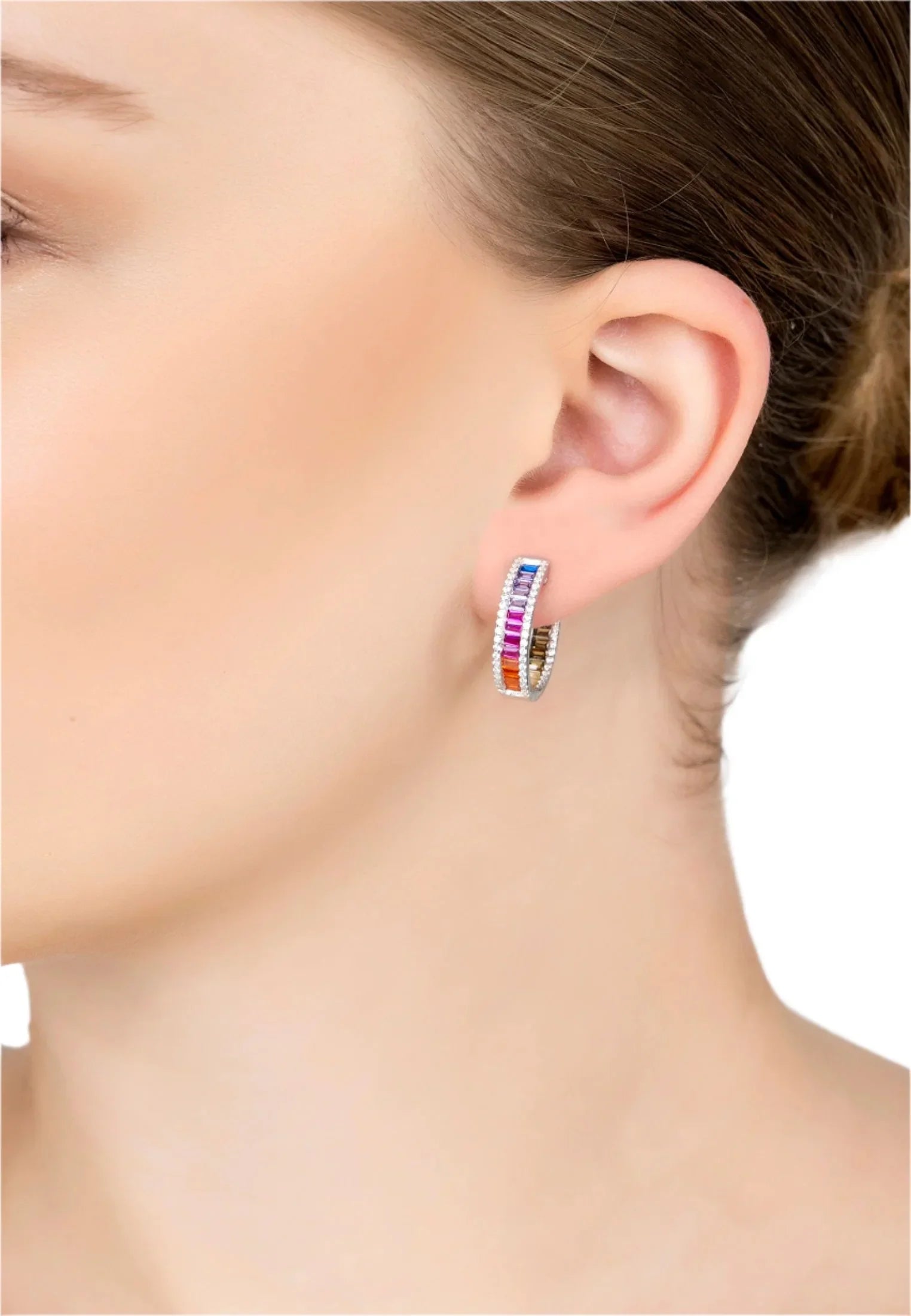 The earring worn by a model.