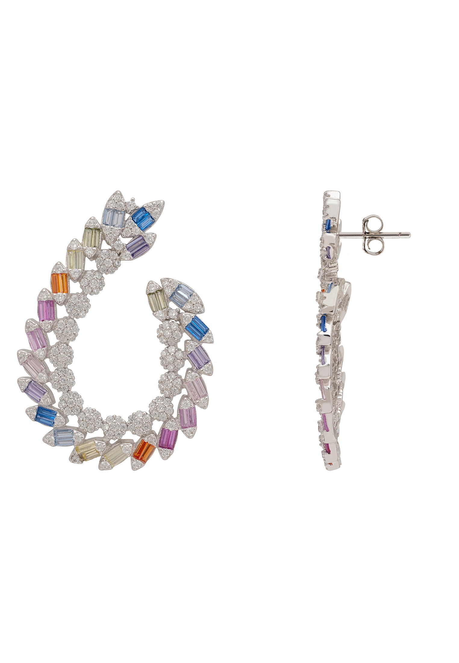 Multicolored gemstone earrings on a white background