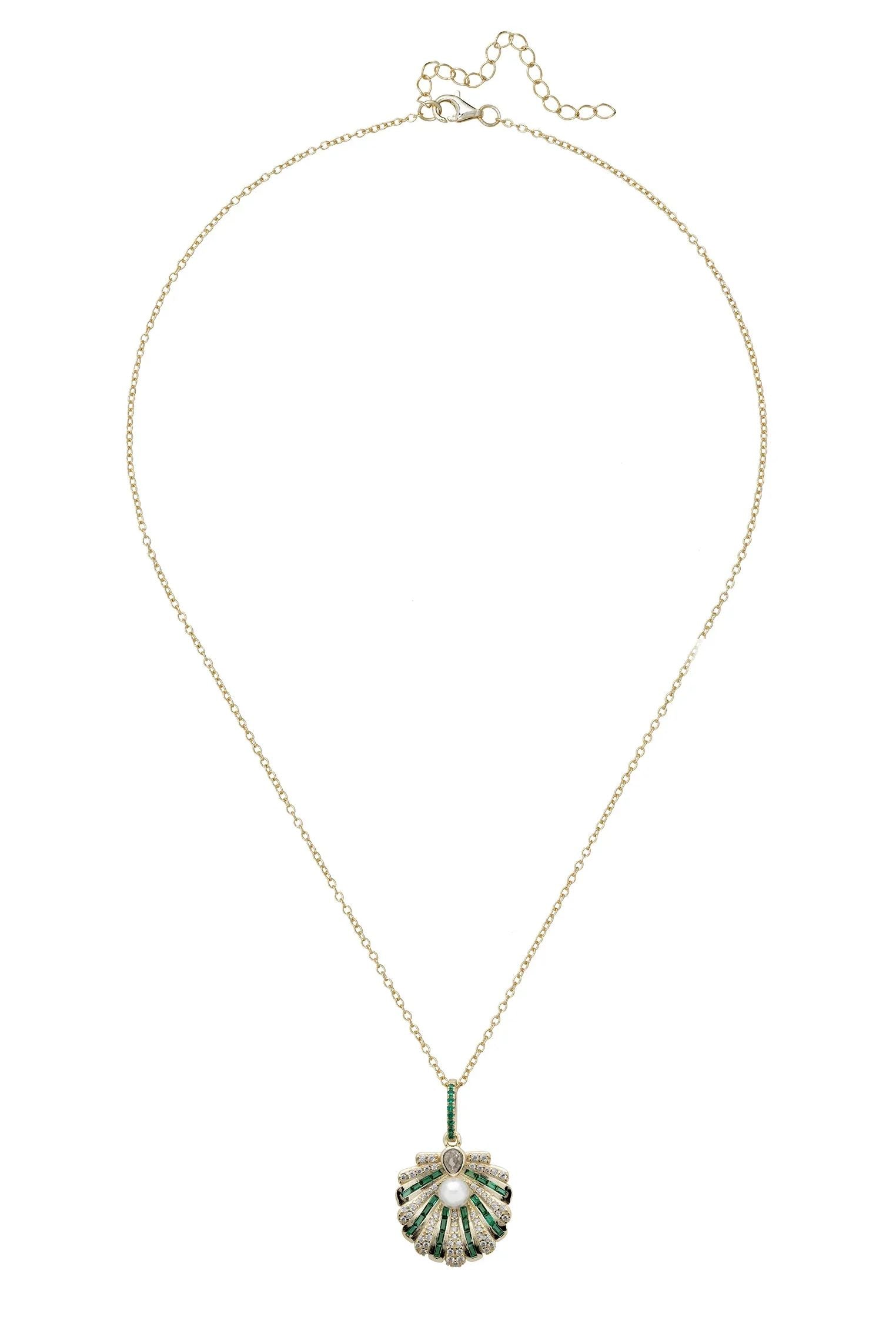 Green clam art deco gold necklace.