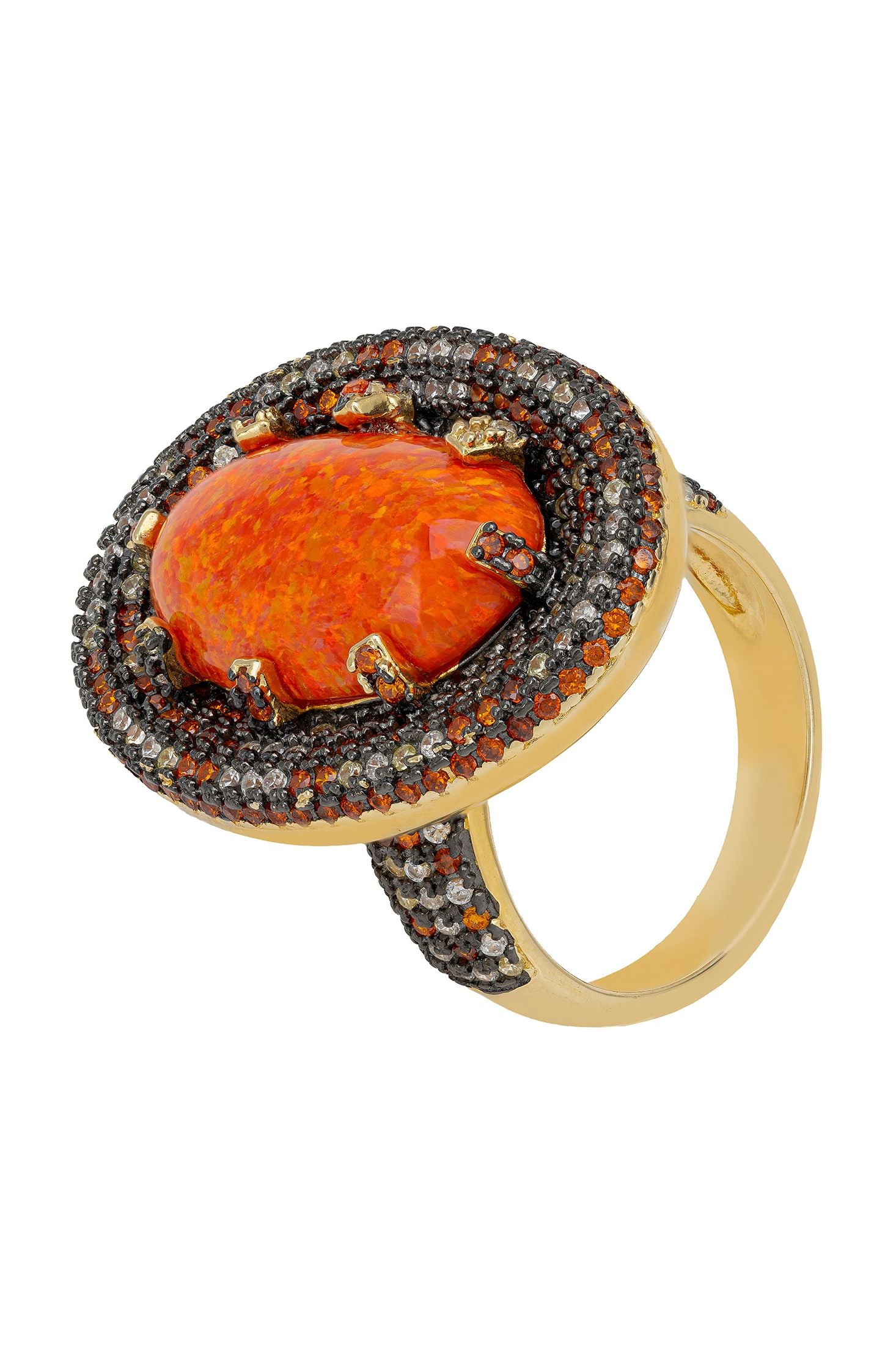 Front view of Serafina Fire Opal Cocktail Ring Gold Oxidised, showing bee design, cubic zirconia and zirconia detailing, gold finish.