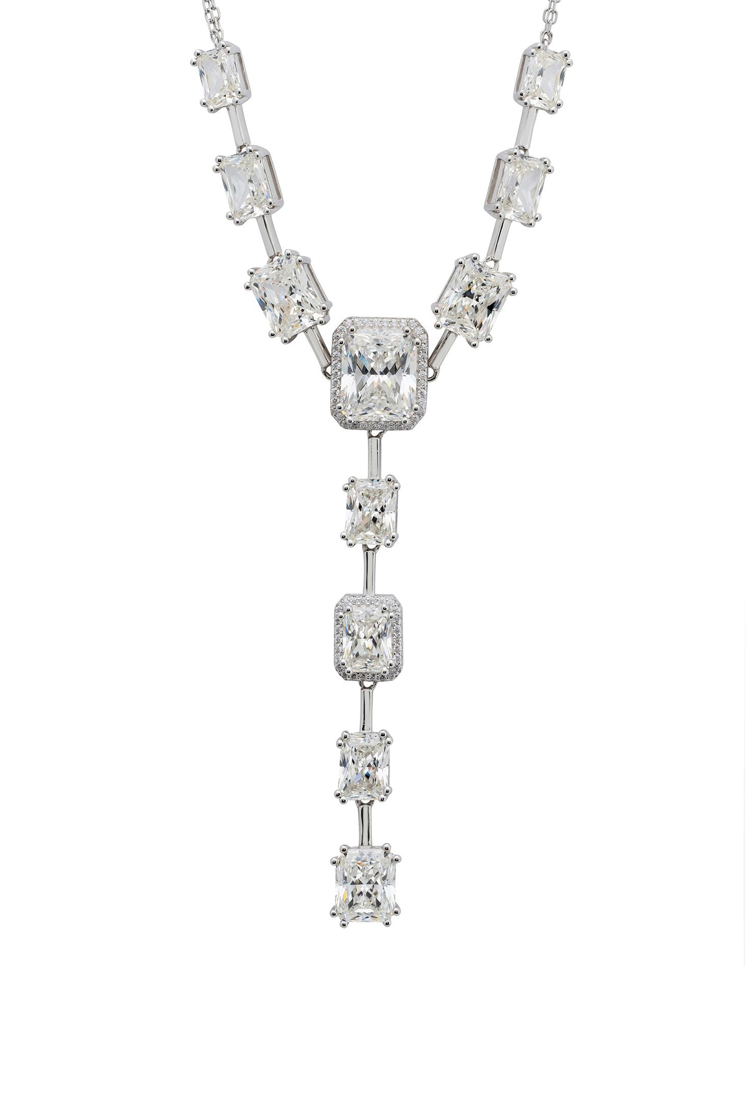 Close-up of the rectangle-cut diamonds silver necklace.