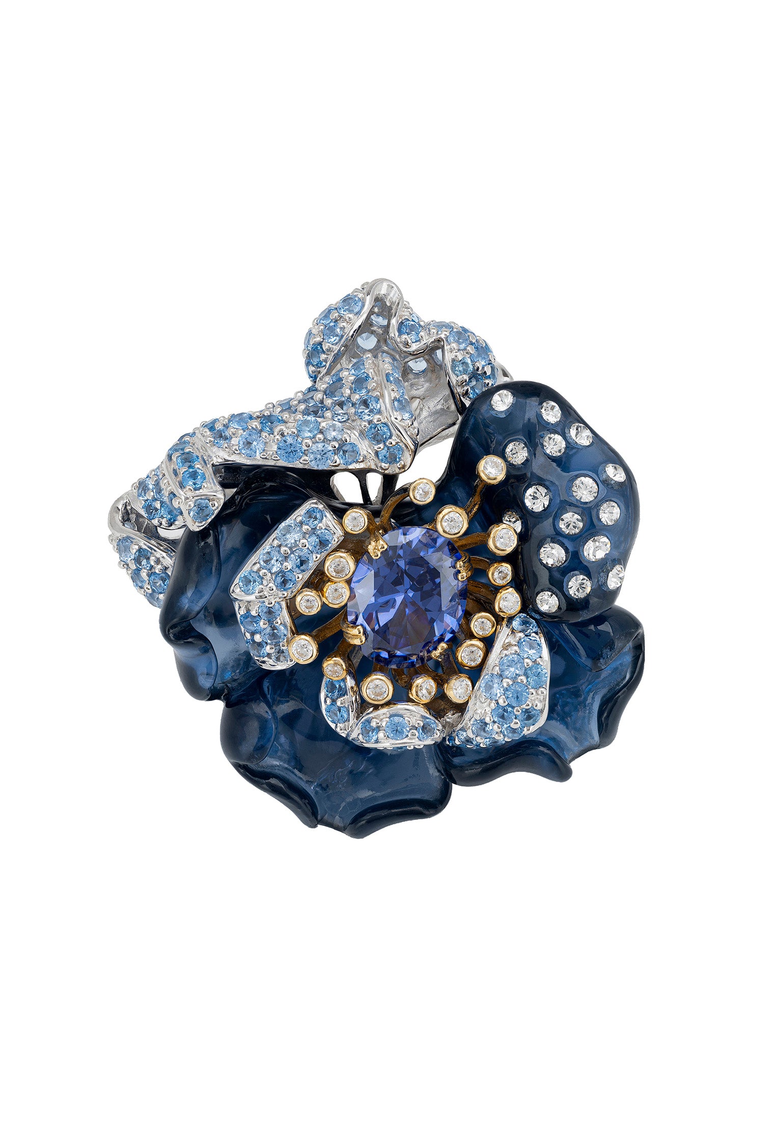Blue Rose Flower Cocktail Ring Silver