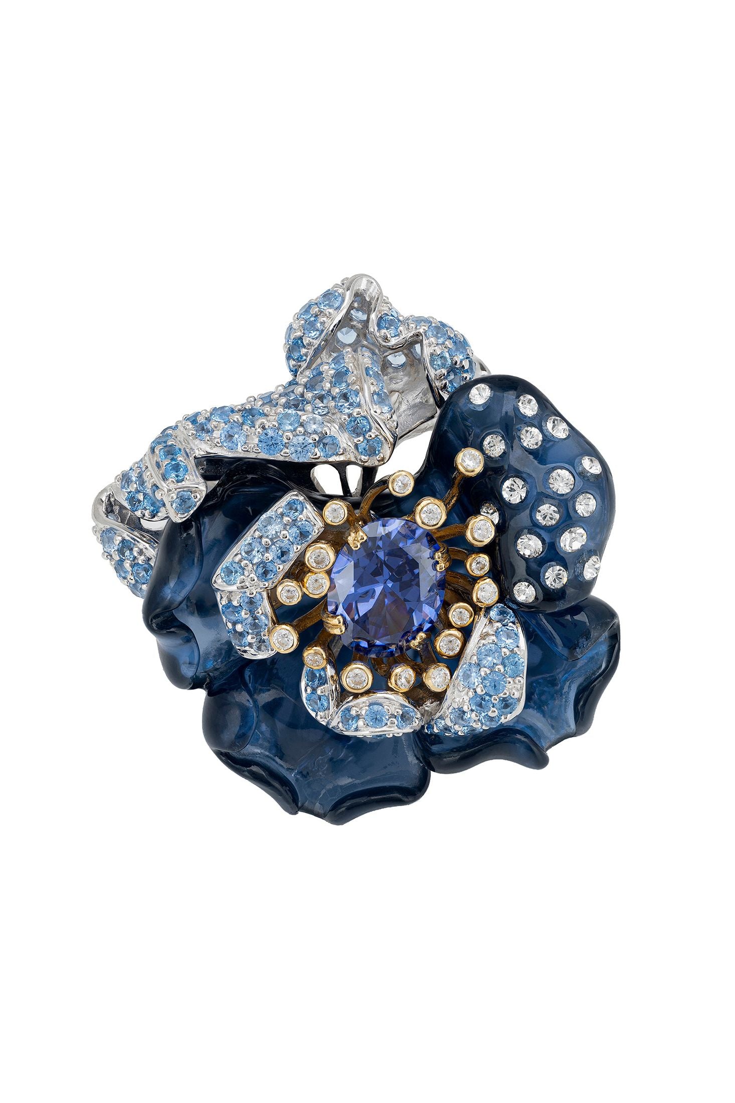 Close-up of Blue Rose Flower Cocktail Ring Silver, highlighting flower design, silver finish.