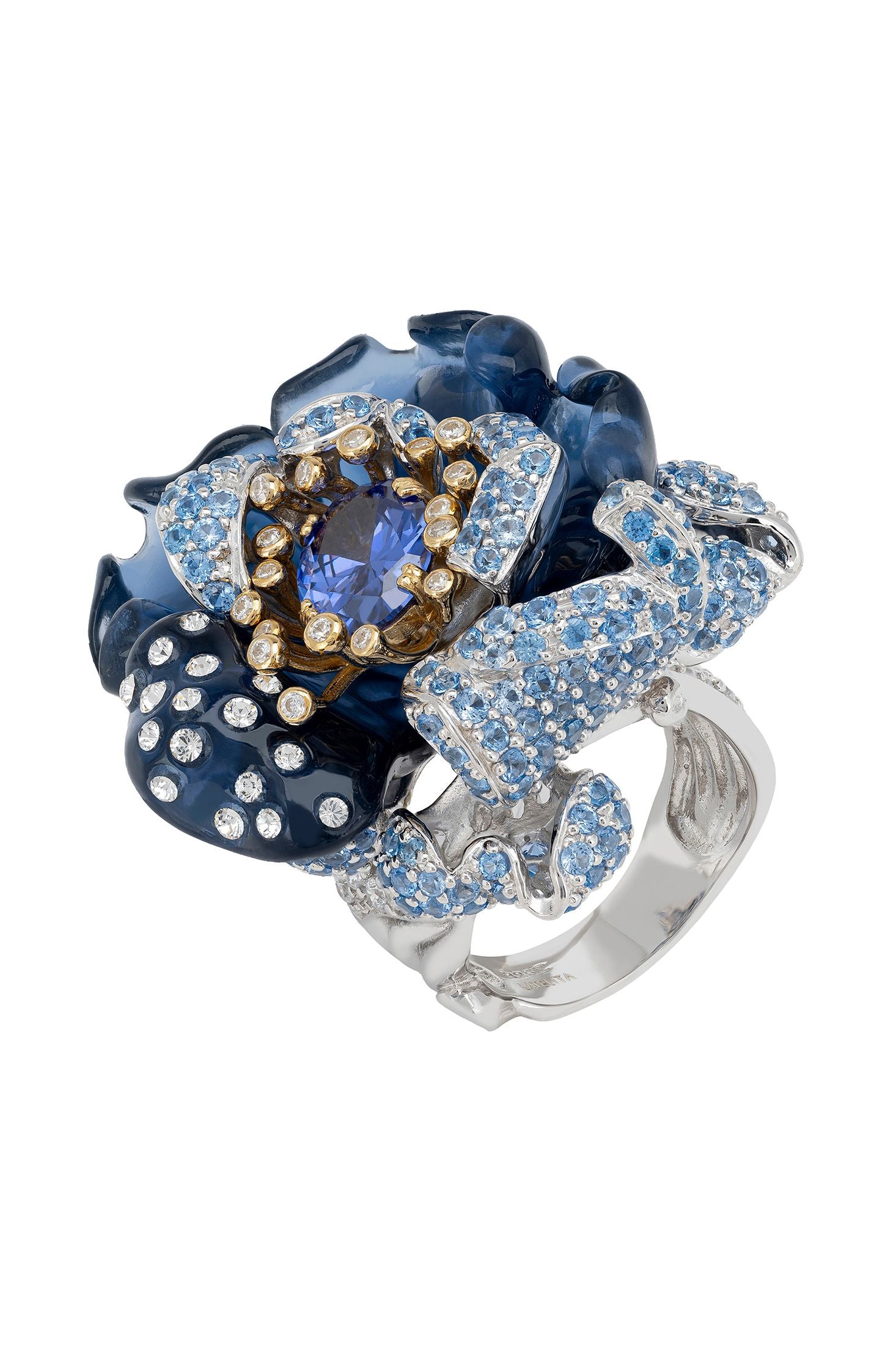 Front view of Blue Rose Flower Cocktail Ring Silver, showing flower design, blue topaz and tanzanite detailing, silver finish.