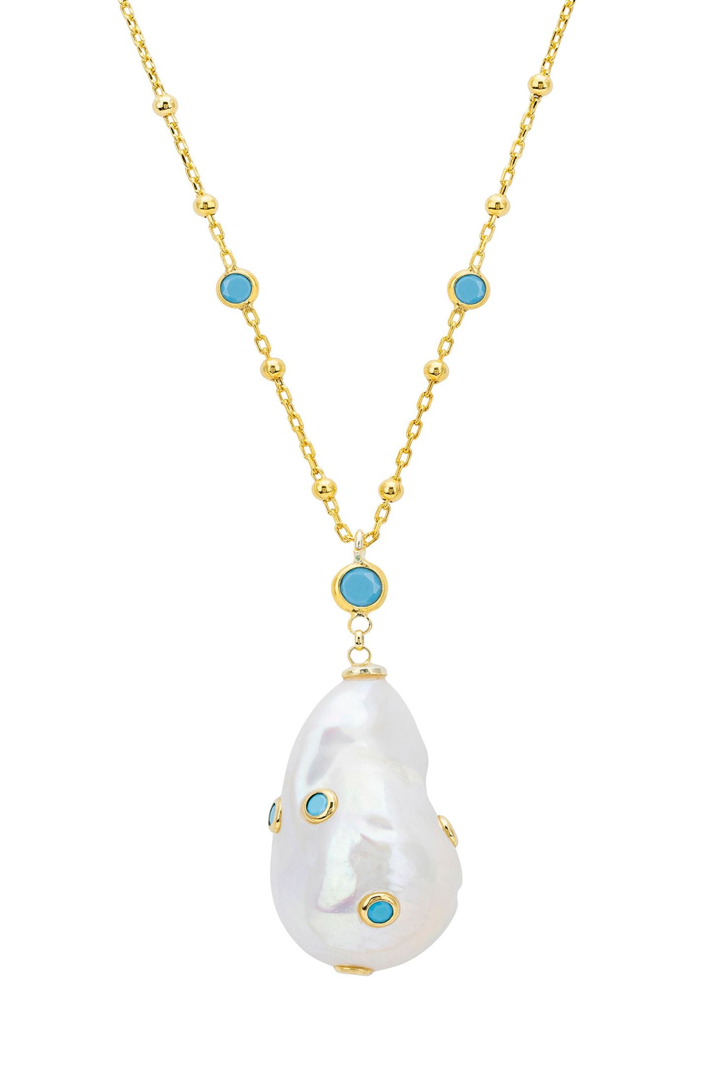 Front view of Polka Dot Baroque Pearl Long Necklace Gold Turquoise, showing sun design, baroque pearl and pearl detailing, gold finish.