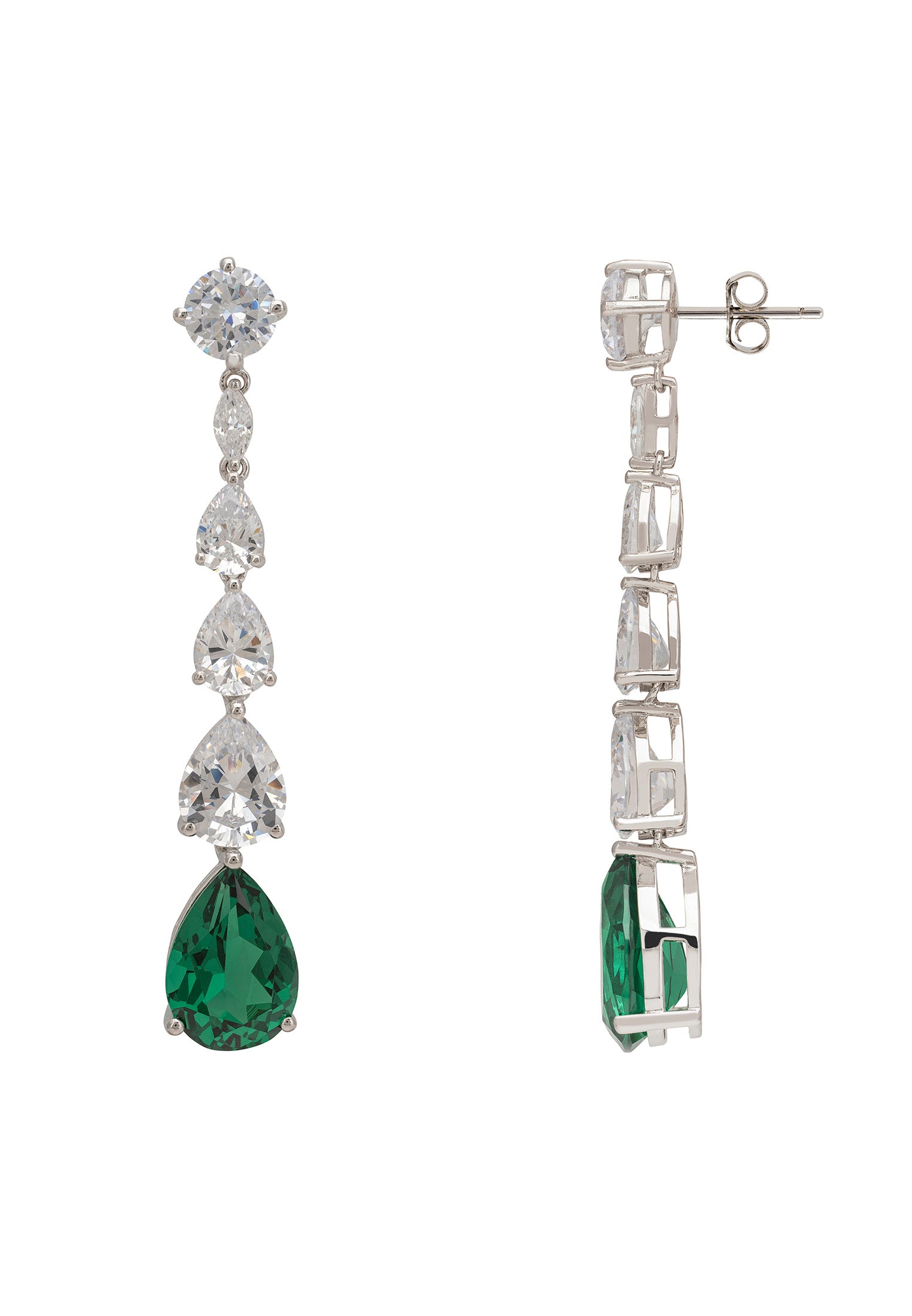 Pair of earrings with green gemstones and clear stones on a white background