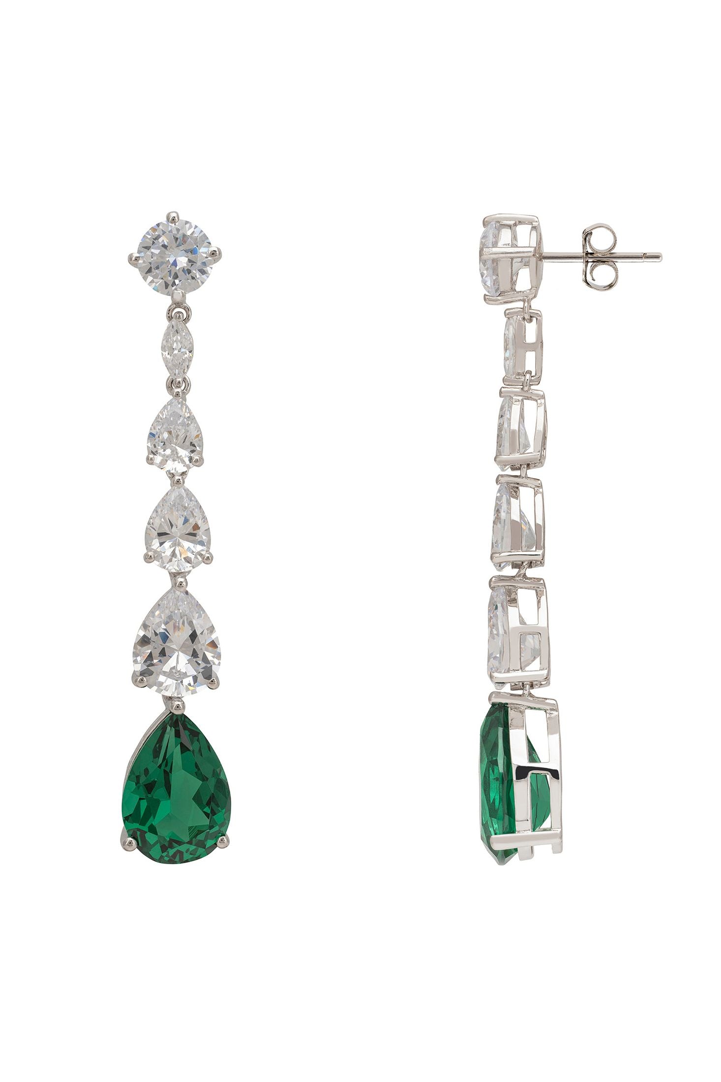 Pair of earrings with green gemstones and clear stones on a white background