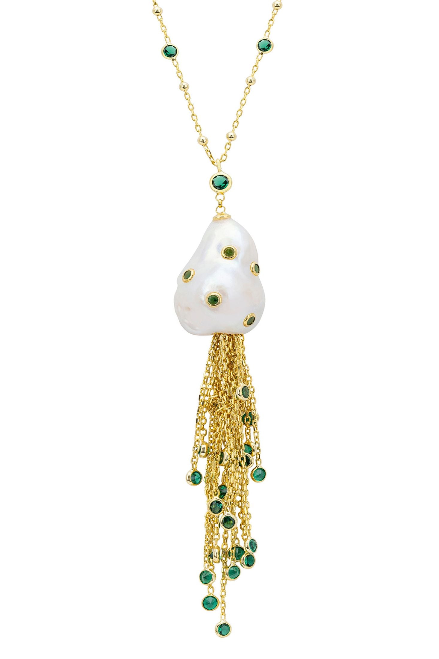 Front view of Polka Dot Baroque Pearl Tassel Necklace Gold Emerald, showing cat design, baroque pearl and pearl detailing, gold finish.