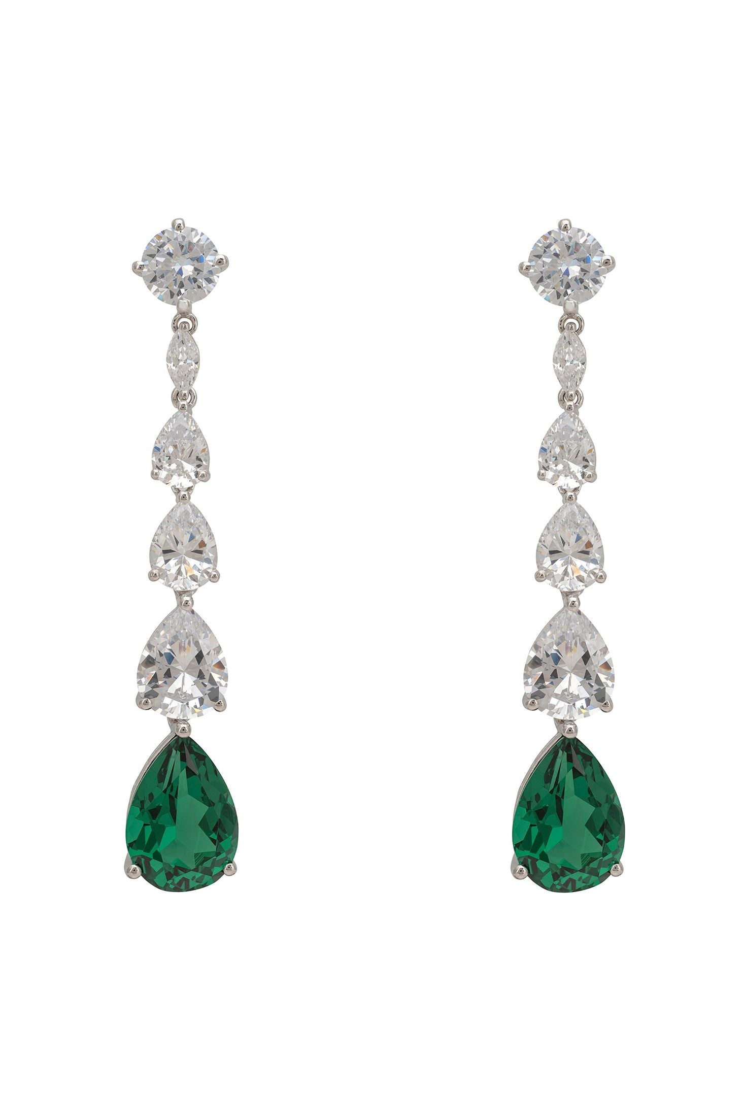 Pair of earrings with green gemstones and clear stones on a white background