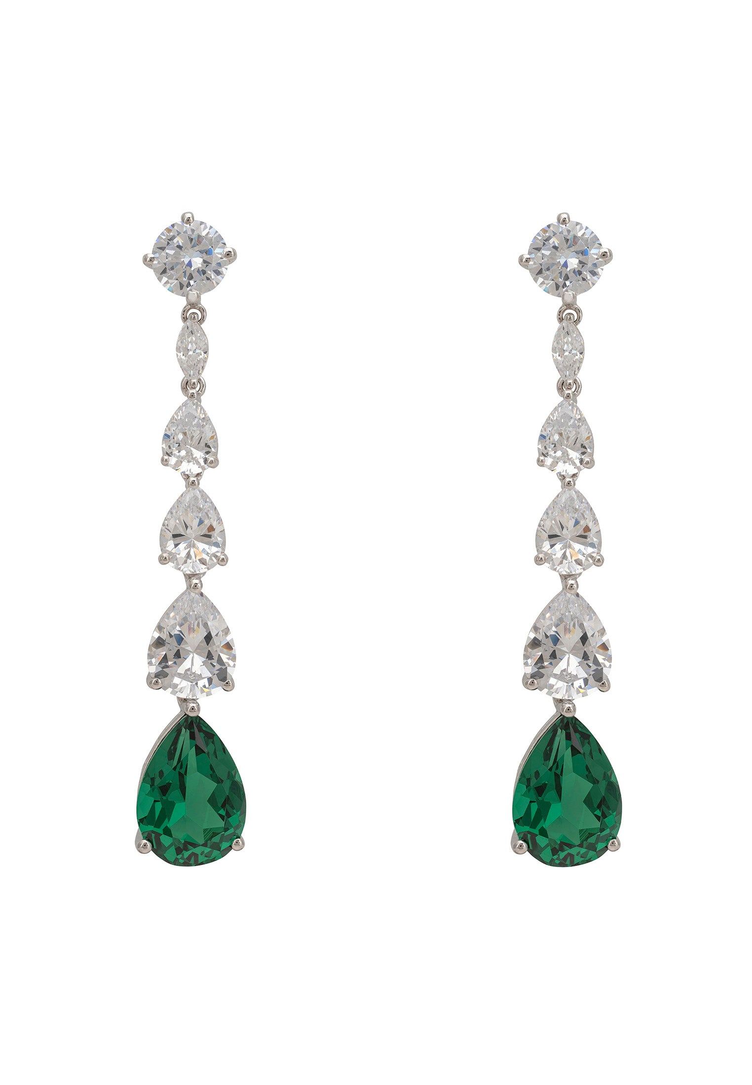 Pair of earrings with green gemstones and clear stones on a white background