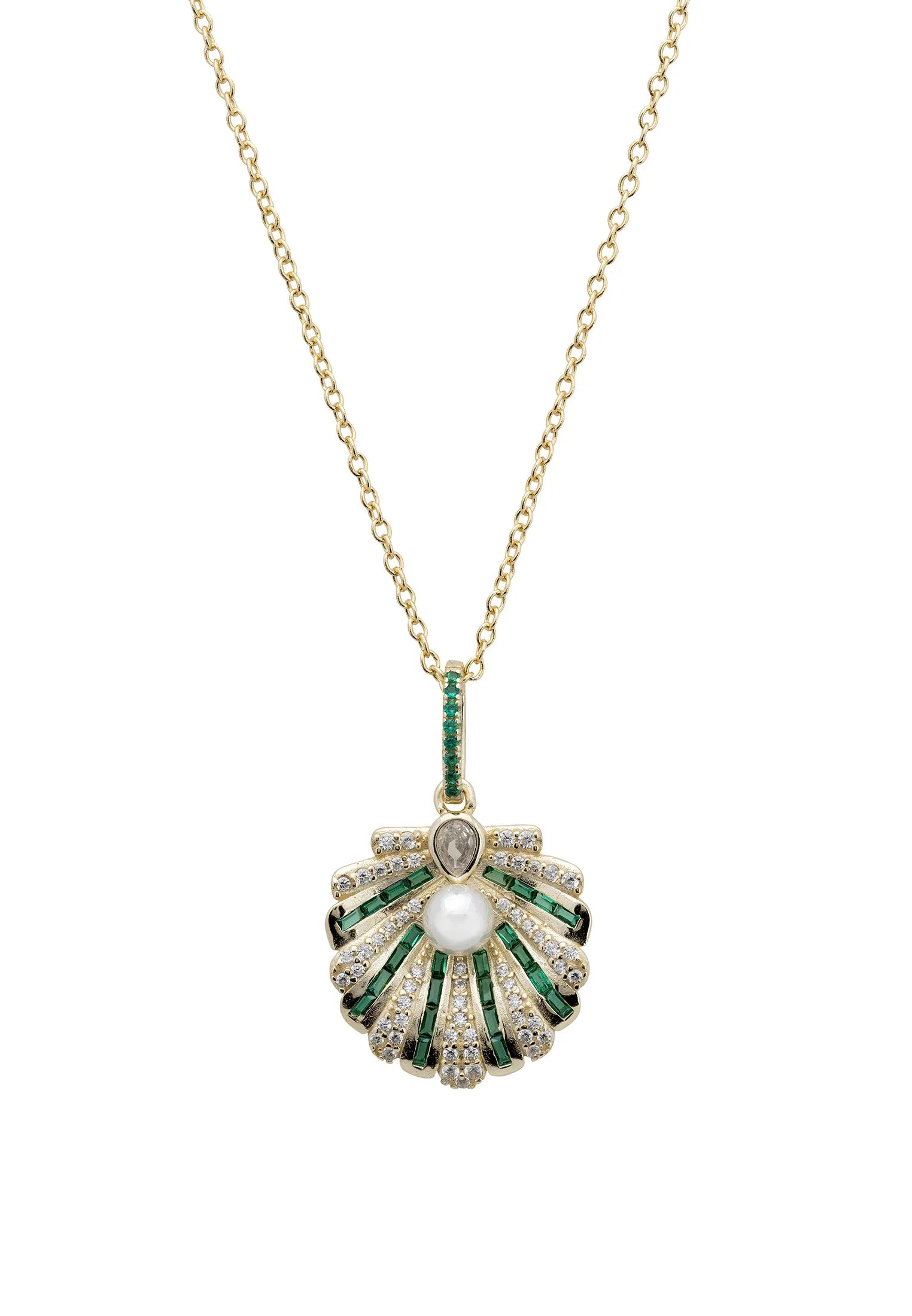 Close-up of the green clam art deco pendant.