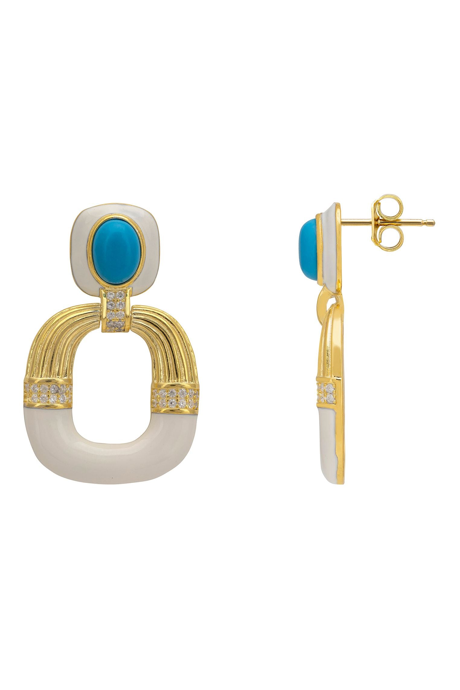 Deco Darling Drop Earrings Turquoise And White Enamel Gold