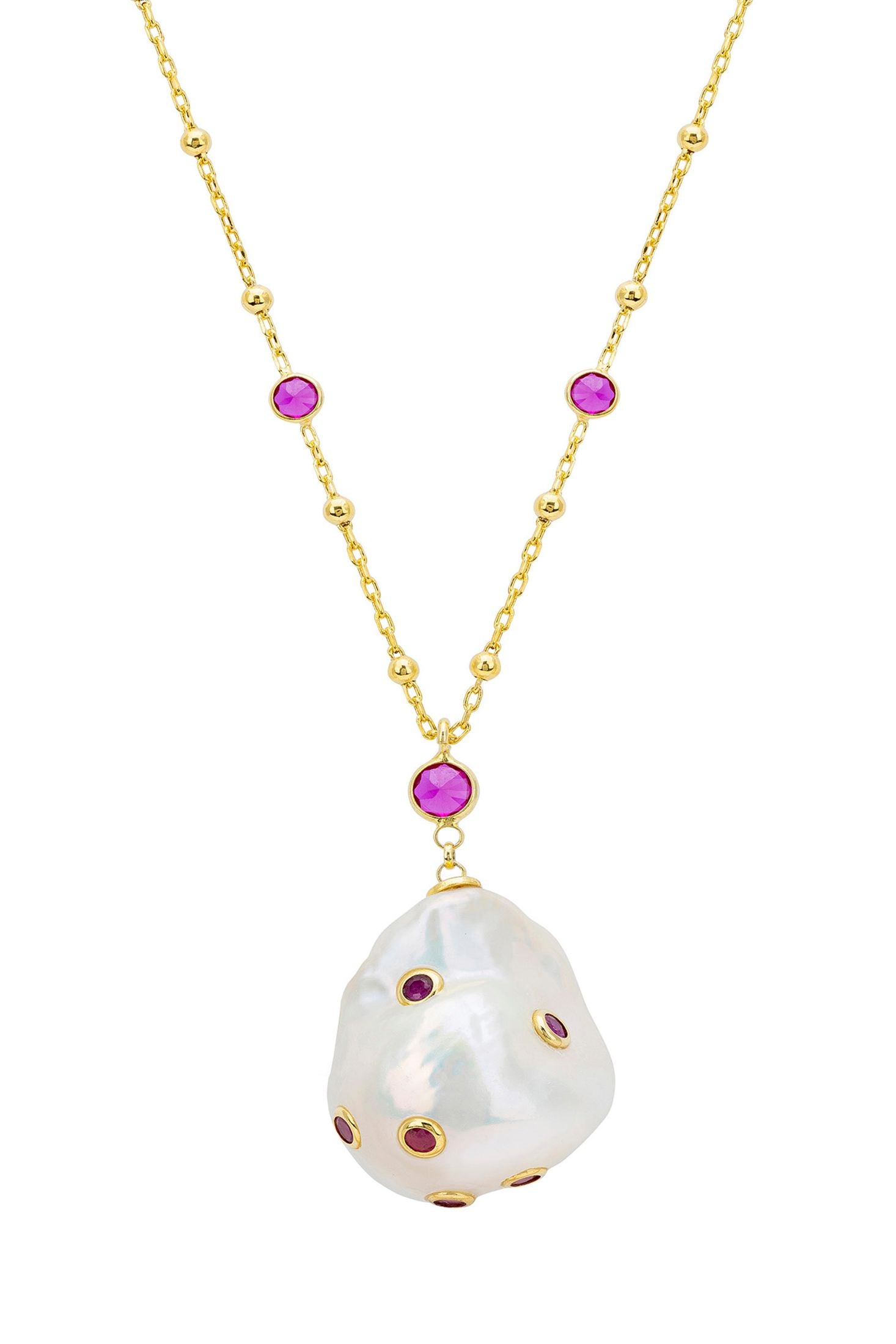 Front view of Polka Dot Baroque Pearl Long Necklace Gold Ruby, showing cat design, baroque pearl and pearl detailing, gold finish.