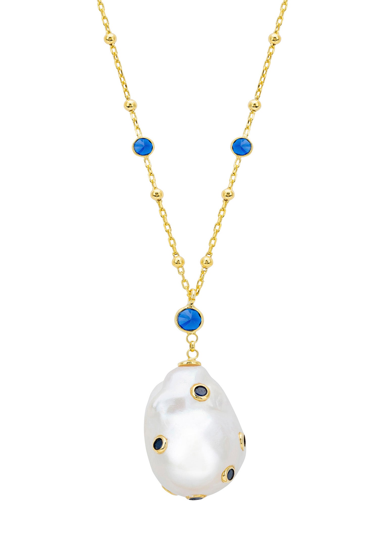 Polka Dot Baroque Pearl Long Necklace Gold Sapphire