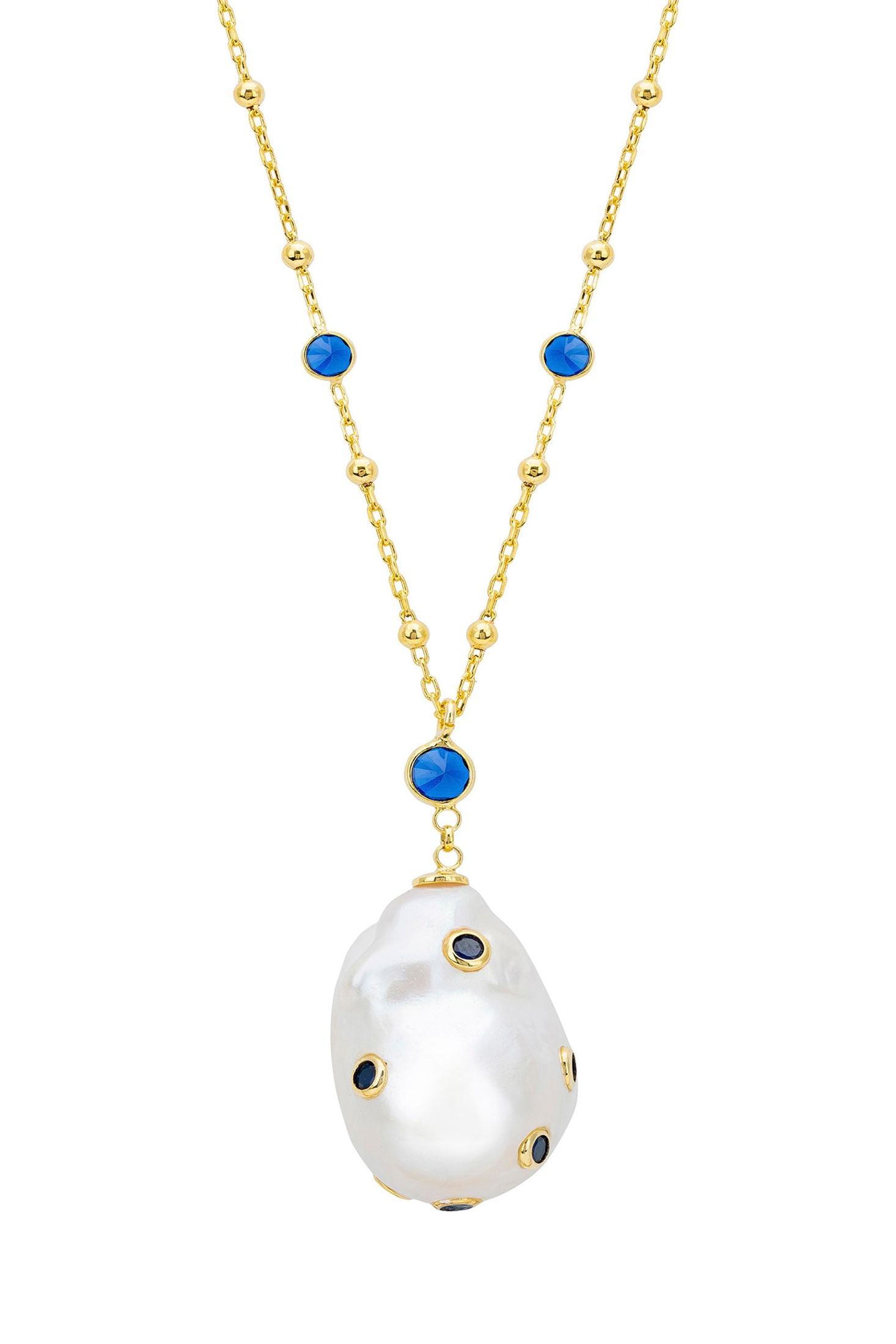 Front view of Polka Dot Baroque Pearl Long Necklace Gold Sapphire, showing cat design, baroque pearl and pearl detailing, gold finish.