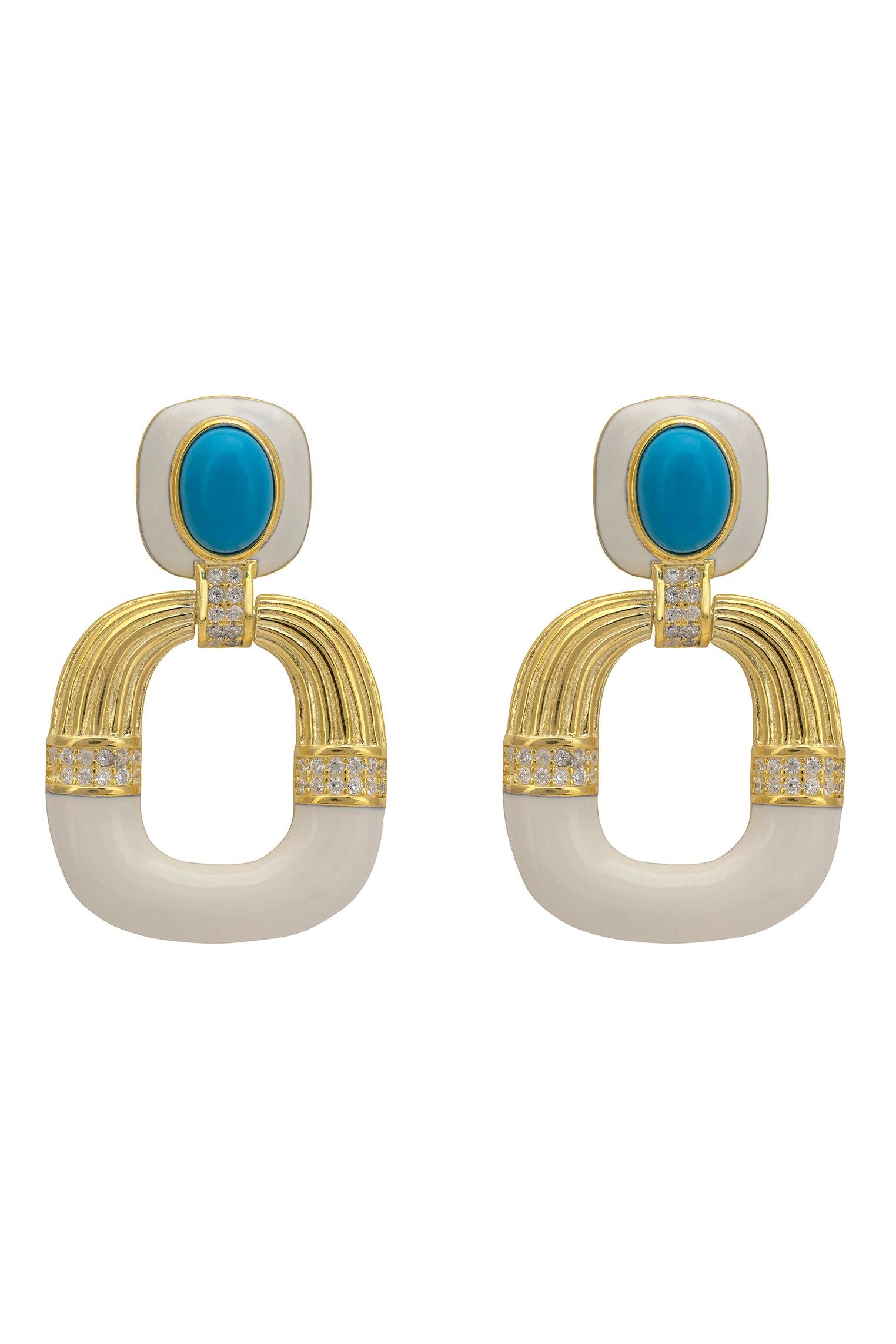 Deco Darling Drop Earrings Turquoise And White Enamel Gold