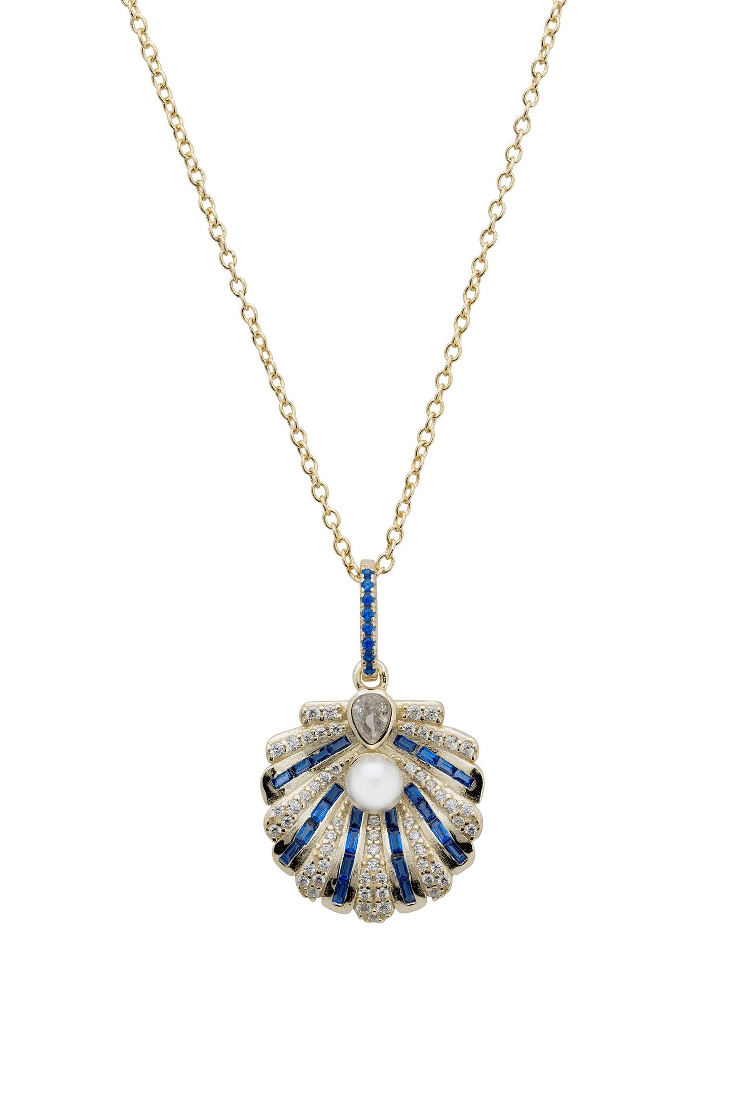 Close-up of the blue clam art deco pendant.
