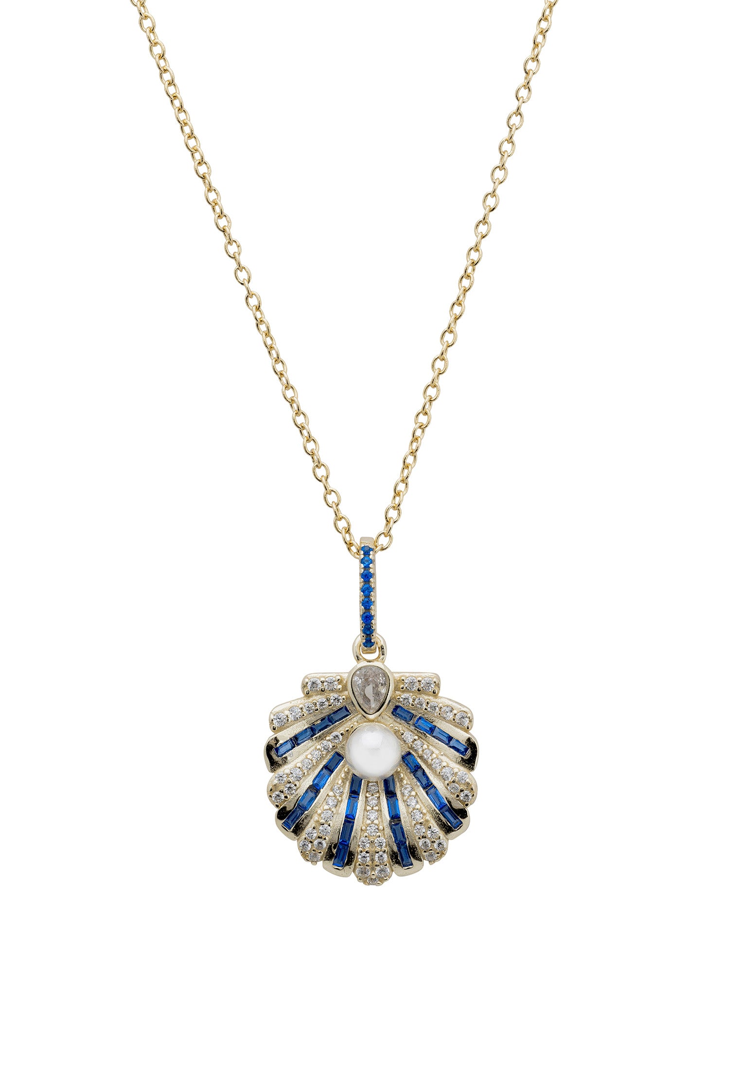 Close-up of the blue clam art deco pendant.