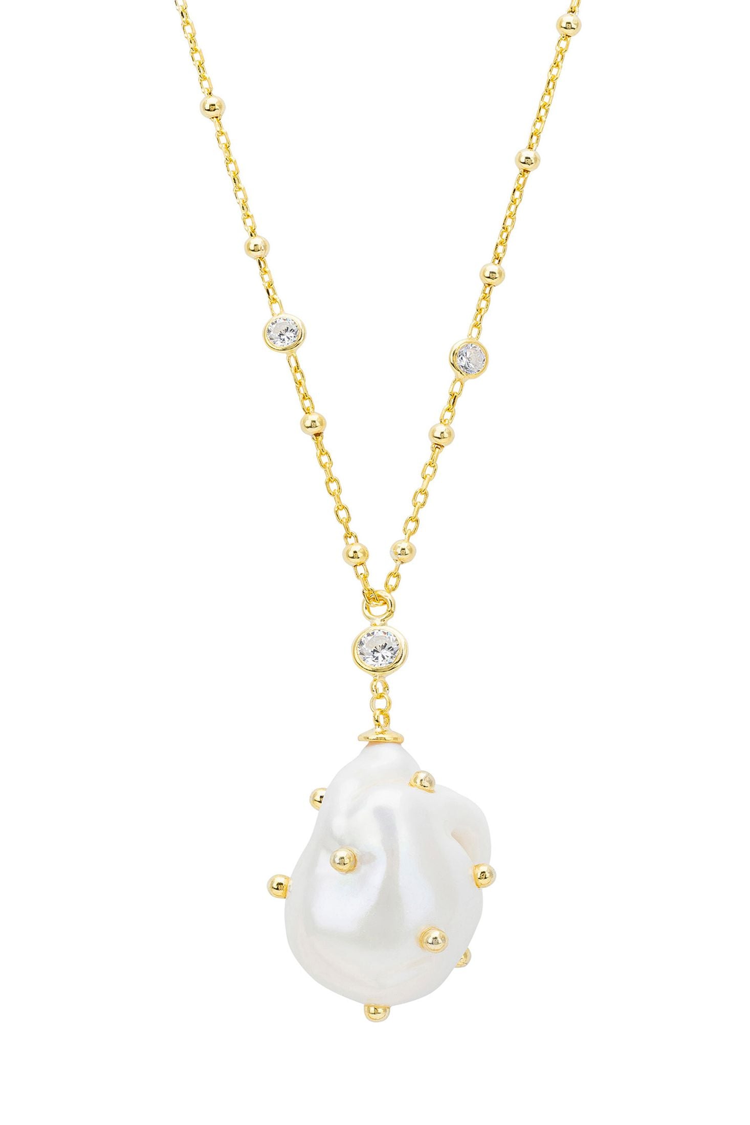 Front view of Polka Dot Baroque Pearl Pendant Necklace Gold Cz, showing cat design, cubic zirconia and zirconia detailing, gold finish.